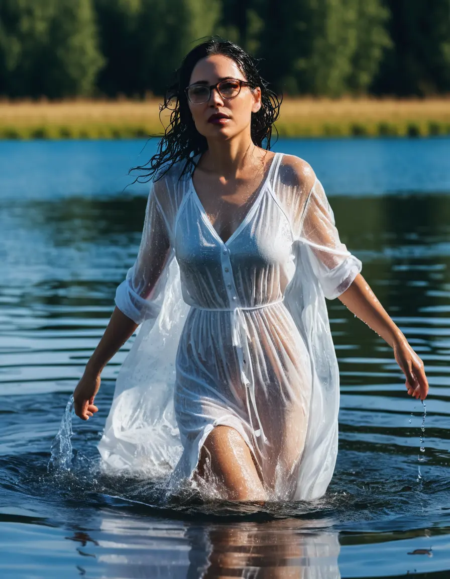 photo of young woman, in soaking wet, drenched clothes,
Sport shoes , maxi white transparent dress, maxi white transparent dress, walking in Sunny Deep lake, 
enjoying, wet clothes stuck to body,
detailed textures of the wet clothes, wet face, wet plastered hair,
wet, drenched, professional, high-quality details, full body view.
sharp focus, ultra-high pixel detail, realistic, high-quality, full colors, incredibly detailed, 4k, 8k, 16k, hyper-realistic, RAW photo, masterpiece, ultra-detailed, professionally color graded, professional photograph, woman 51 years old, medium black hair, very big and thick lips, office light glasses, complete body, open mouth
