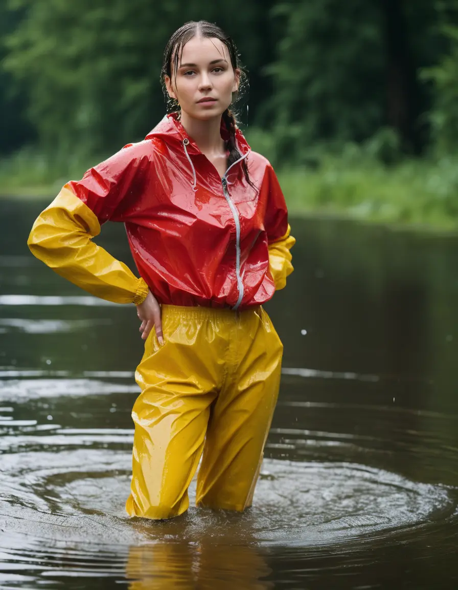 photo of young woman, in soaking wet, drenched clothes,
red wellies, long yellow shiny nylon rainpants, yellow thin nylon top, wading in the lake, 
enjoying, wet clothes stuck to body,
detailed textures of the wet clothes, wet face, wet plastered hair,
wet, drenched, professional, high-quality details, full body view.
sharp focus, ultra-high pixel detail, realistic, high-quality, full colors, incredibly detailed, 4k, 8k, 16k, hyper-realistic, RAW photo, masterpiece, ultra-detailed, professionally color graded, professional photograph