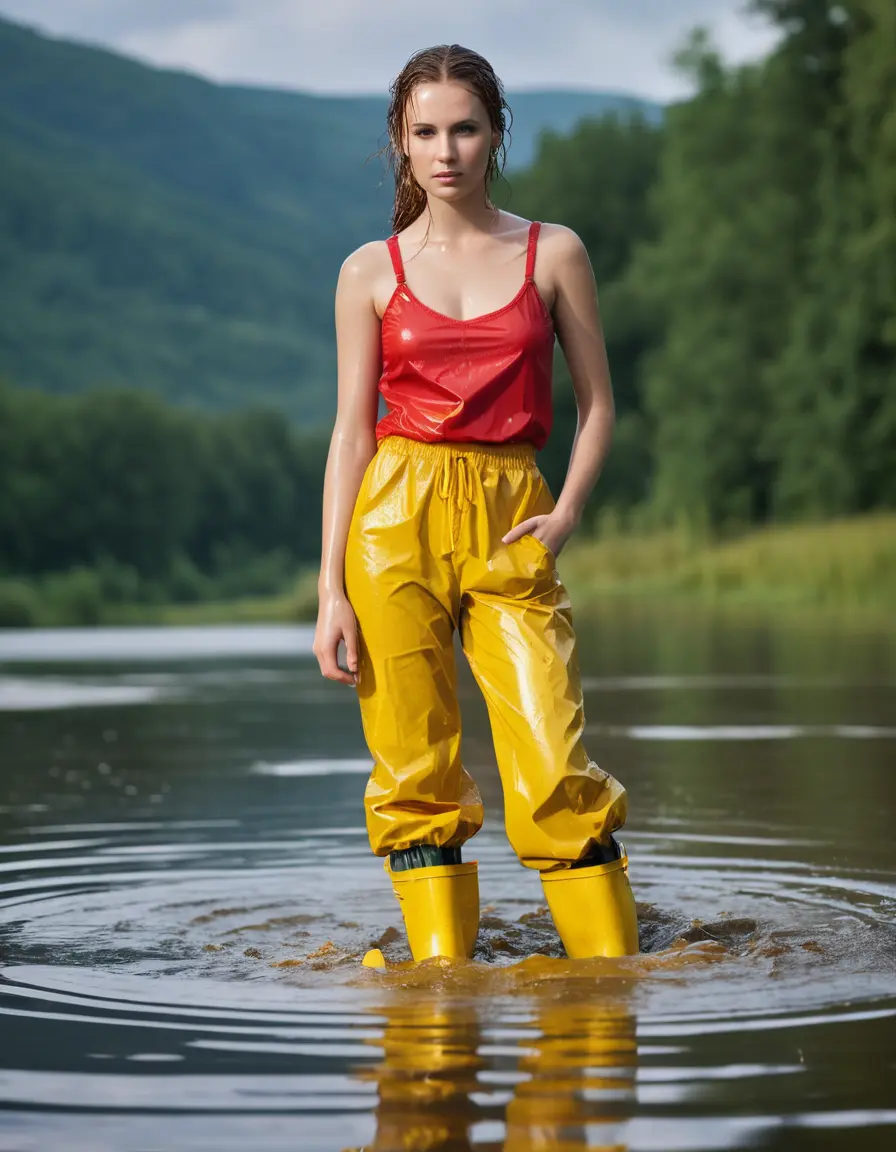 photo of young woman, in soaking wet, drenched clothes,
yellow wellies, long red shiny nylon rainpants, yellow thin nylon top sideboobs, wading in the lake, 
enjoying, wet clothes stuck to body,
detailed textures of the wet clothes, wet face, wet plastered hair,
wet, drenched, professional, high-quality details, full body view.
sharp focus, ultra-high pixel detail, realistic, high-quality, full colors, incredibly detailed, 4k, 8k, 16k, hyper-realistic, RAW photo, masterpiece, ultra-detailed, professionally color graded, professional photograph