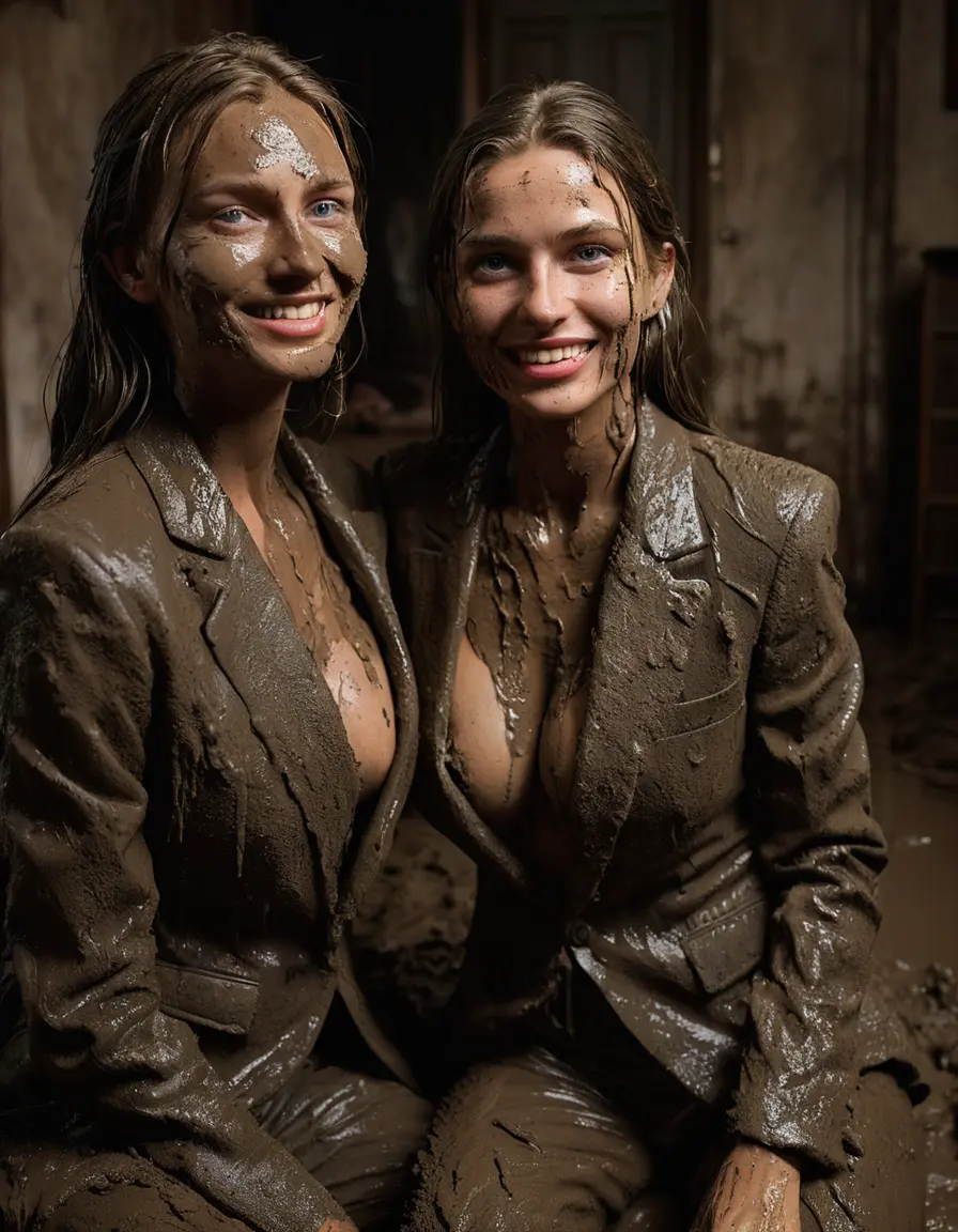 photo of young woman, in soaking wet, drenched clothes,
Muddy high heels, Long very muddy suit pants, Full muddy ruined fully-opened blazer like a fancy uniform over topless with exposed clean boobs., Muddy party in a dark muddy indoor bedroom. Mud splashed walls with mud-flooded floor. Dark mood lighting with pink and blue neon lights. Muddy furnitures and mud-covered bed.., 
enjoying, wet clothes stuck to body,
detailed textures of the wet clothes, wet face, wet plastered hair,
wet, drenched, professional, high-quality details, full body view.
sharp focus, ultra-high pixel detail, realistic, high-quality, full colors, incredibly detailed, 4k, 8k, 16k, hyper-realistic, RAW photo, masterpiece, ultra-detailed, professionally color graded, professional photograph, Two person on the picture: An elegant 55 years old classy skinny fit beautiful sexy business mature lady with big boobs is seducted a young pretty cute innocent teen 12 years old small girl with small boobs and laying together in the muddy double bed while they are hugging each other. They are wearing their fully and heavily mud-covered opened suits and they are exposing their clean boobs. Thick mud on their blazers. Every small details of the clothes are muddy, but their faces and boobs are clean for the photo. Their blazer has the same colour as their muddy pants. They are proudly wearing their expensive open blazers and fhe woman flaunting her large clean boobs and large clean cleavage for the young girl. Focus on the boobs and cleavage. The classy elegant room is totally destroyed by mud, deep liquid mud on the bed, on the floor, mud spots everywhere, mud flows down on the walls, muddy pillows, muddy bedsheets. Straight very long open wavy hairstyle, muddy hair, smiling and beautiful clean faces, blue eyes, earrings, lipstick. The women and the girl enjoying to being total muddy on the bed, being sexy, naughty while they are enjoying the muddy fetish party. Realistic boobs and nipples and photorealistic detailed smiling facial expressions. Intimate close-up picture about the women from above. Close-up photo, highly realistic representation, ultra sharp focus, highly photorealistic detailed textures, highly photorealistic detailed facial features and expressions, highly photorealistic hands, highly emotional reactions, highly best quality, highly sharp photorealistic image, highly photorealistic details, full UHD resolution, 32 K, very high level of detail and image sharpness, zoomed in