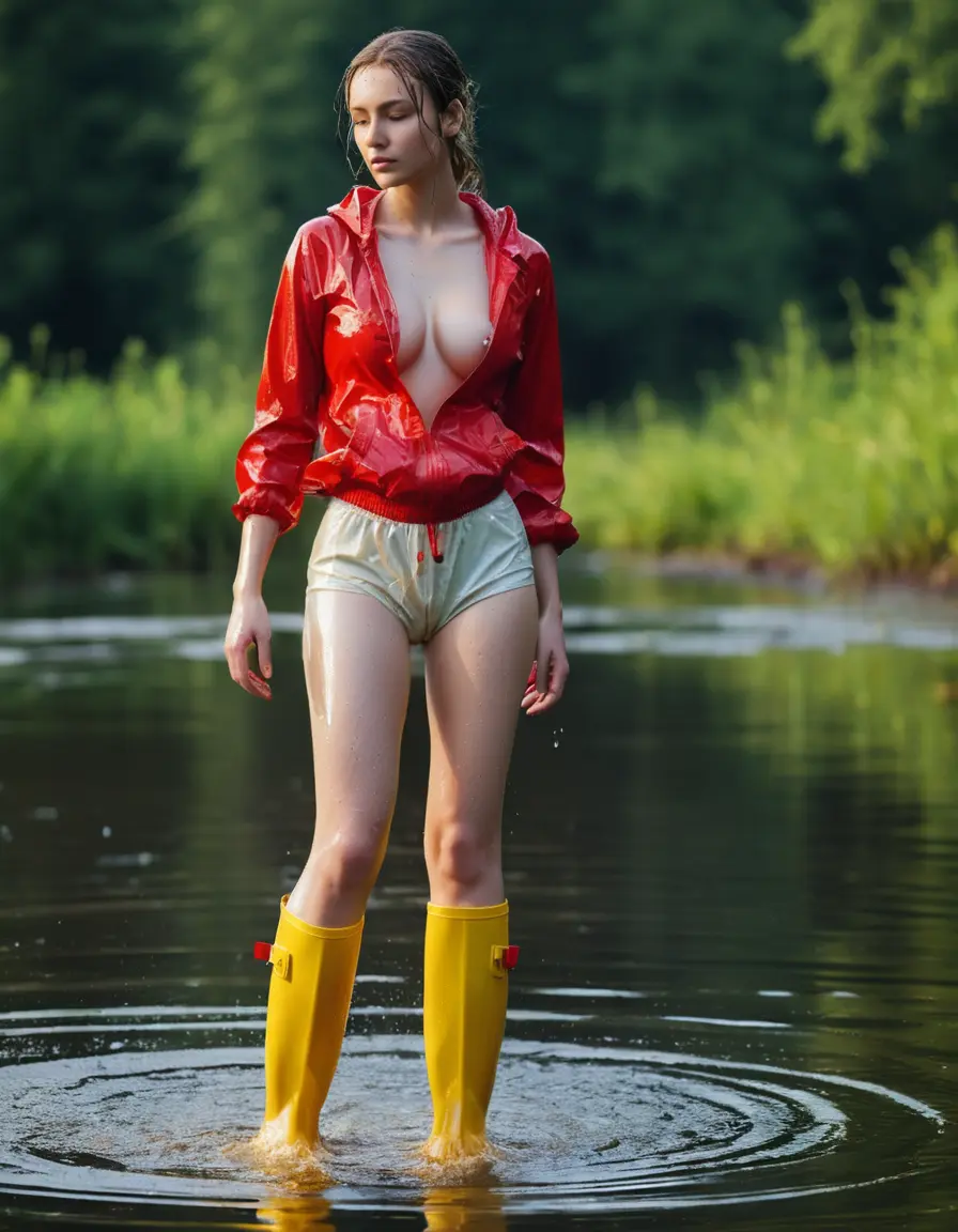 photo of young woman, in soaking wet, drenched clothes,
yellow wellies, long red shiny nylon rainpants, yellow white nylon top sideboobs over bare breasts, wading in the lake, 
enjoying, wet clothes stuck to body,
detailed textures of the wet clothes, wet face, wet plastered hair,
wet, drenched, professional, high-quality details, full body view.
sharp focus, ultra-high pixel detail, realistic, high-quality, full colors, incredibly detailed, 4k, 8k, 16k, hyper-realistic, RAW photo, masterpiece, ultra-detailed, professionally color graded, professional photograph