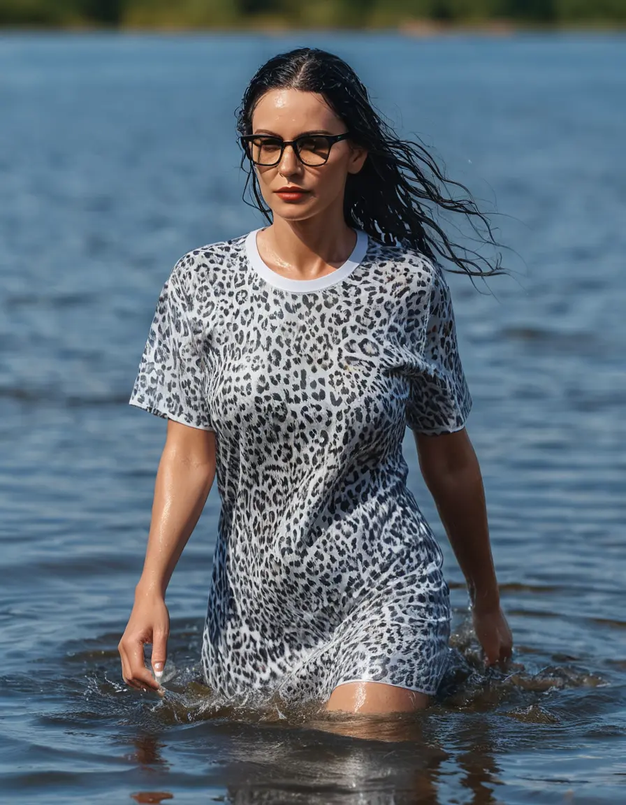 photo of young woman, in soaking wet, drenched clothes,
Sport shoes , midi white leopard printed t-shirt dress, midi white leopard printed t-shirt dress, walking in Sunny Deep lake, 
enjoying, wet clothes stuck to body,
detailed textures of the wet clothes, wet face, wet plastered hair,
wet, drenched, professional, high-quality details, full body view.
sharp focus, ultra-high pixel detail, realistic, high-quality, full colors, incredibly detailed, 4k, 8k, 16k, hyper-realistic, RAW photo, masterpiece, ultra-detailed, professionally color graded, professional photograph, woman 51 years old, long black hair, very big and thick lips, office light glasses, complete body, open mouth