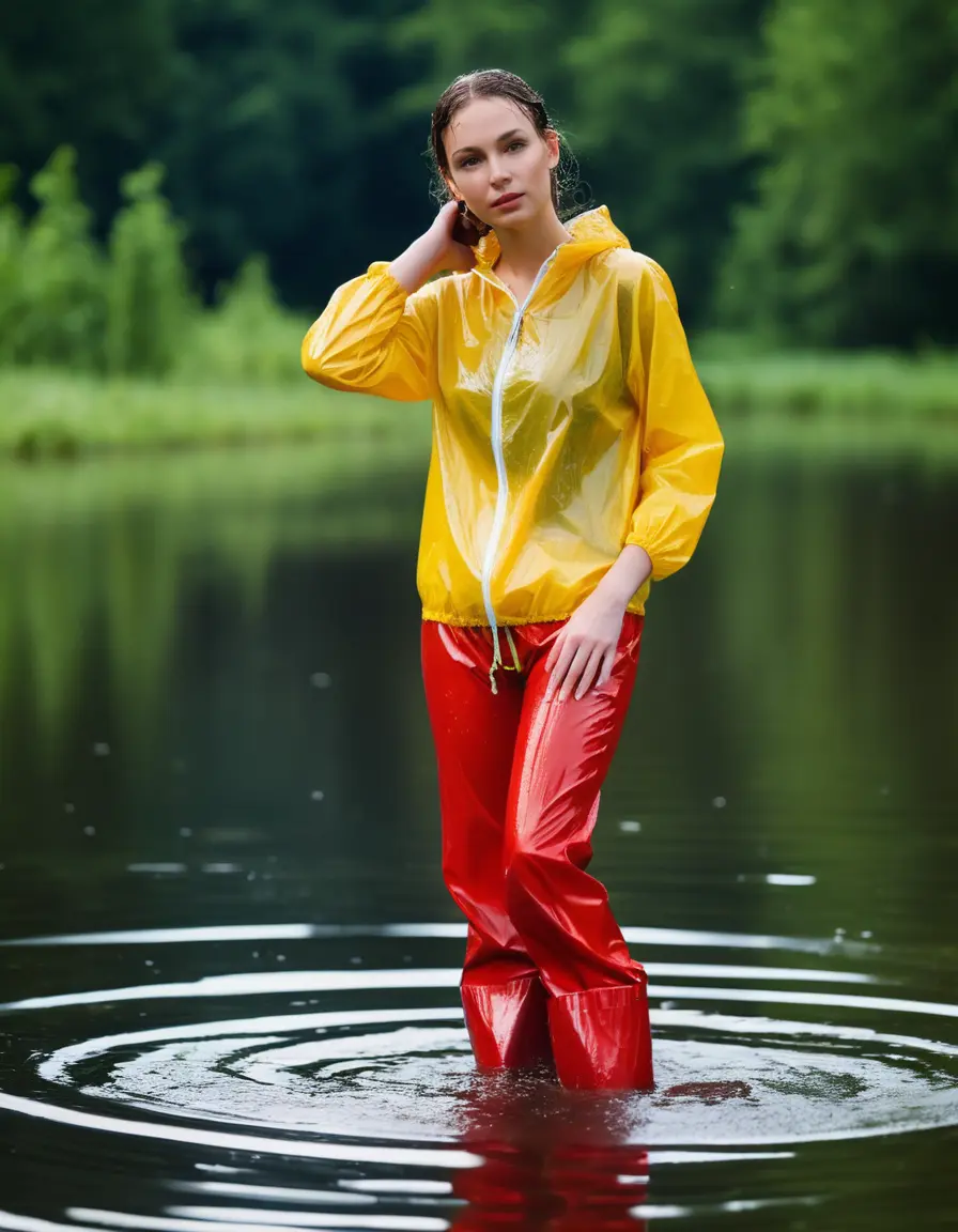 photo of young woman, in soaking wet, drenched clothes,
red wellies, long red shiny nylon rainpants, yellow thin nylon top sideboobs, wading in the lake, 
enjoying, wet clothes stuck to body,
detailed textures of the wet clothes, wet face, wet plastered hair,
wet, drenched, professional, high-quality details, full body view.
sharp focus, ultra-high pixel detail, realistic, high-quality, full colors, incredibly detailed, 4k, 8k, 16k, hyper-realistic, RAW photo, masterpiece, ultra-detailed, professionally color graded, professional photograph