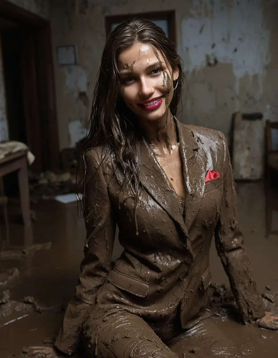 photo of young woman, in soaking wet, drenched clothes,
Muddy high heels, Long very muddy suit pants, Full muddy ruined fully-opened blazer like a fancy uniform over topless with exposed clean boobs., Muddy party in a dark muddy indoor bedroom. Mud splashed walls with mud-flooded floor. Dark mood lighting with pink and blue neon lights. Muddy furnitures and mud-covered bed.., 
enjoying, wet clothes stuck to body,
detailed textures of the wet clothes, wet face, wet plastered hair,
wet, drenched, professional, high-quality details, full body view.
sharp focus, ultra-high pixel detail, realistic, high-quality, full colors, incredibly detailed, 4k, 8k, 16k, hyper-realistic, RAW photo, masterpiece, ultra-detailed, professionally color graded, professional photograph, An elegant 55 years old classy skinny fit beautiful sexy big boobed business mature lady is seducted a young pretty cute teen 12 years old small girl with small boobs and laying together in the muddy double bed while they are hugging each other. They are wearing their fully and heavily mud-covered opened suits and they are exposing their clean boobs. Thick mud on their blazers. Every small details of the clothes are muddy, but their faces and boobs are clean for the photo. Their blazer has the same colour as their muddy pants. They are proudly wearing their expensive open blazers and fhe woman flaunting her large clean boobs and large clean cleavage for the young girl. Focus on the boobs and cleavage. The classy elegant room is totally destroyed by mud, deep liquid mud on the bed, on the floor, mud spots everywhere, mud flows down on the walls, muddy pillows, muddy bedsheets. Straight very long open wavy hairstyle, muddy hair, smiling and beautiful clean faces, blue eyes, earrings, lipstick. The women and the girl enjoying to being total muddy on the bed, being sexy, naughty while they are enjoying the muddy fetish party. Realistic boobs and nipples and photorealistic detailed smiling facial expressions. Intimate close-up picture about the women from above. Close-up photo, highly realistic representation, ultra sharp focus, highly photorealistic detailed textures, highly photorealistic detailed facial features and expressions, highly photorealistic hands, highly emotional reactions, highly best quality, highly sharp photorealistic image, highly photorealistic details, full UHD resolution, 32 K, very high level of detail and image sharpness, zoomed in