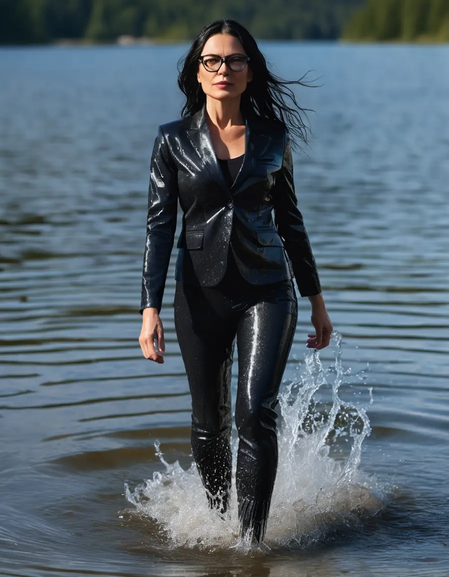 photo of young woman, in soaking wet, drenched clothes,
Sport shoes , long black tight jeans suit without sleeves, long black tight jeans suit without sleeves, walking in Sunny Deep lake, 
enjoying, wet clothes stuck to body,
detailed textures of the wet clothes, wet face, wet plastered hair,
wet, drenched, professional, high-quality details, full body view.
sharp focus, ultra-high pixel detail, realistic, high-quality, full colors, incredibly detailed, 4k, 8k, 16k, hyper-realistic, RAW photo, masterpiece, ultra-detailed, professionally color graded, professional photograph, woman 51 years old, long black hair, very big and thick lips, office light glasses, complete body, open mouth