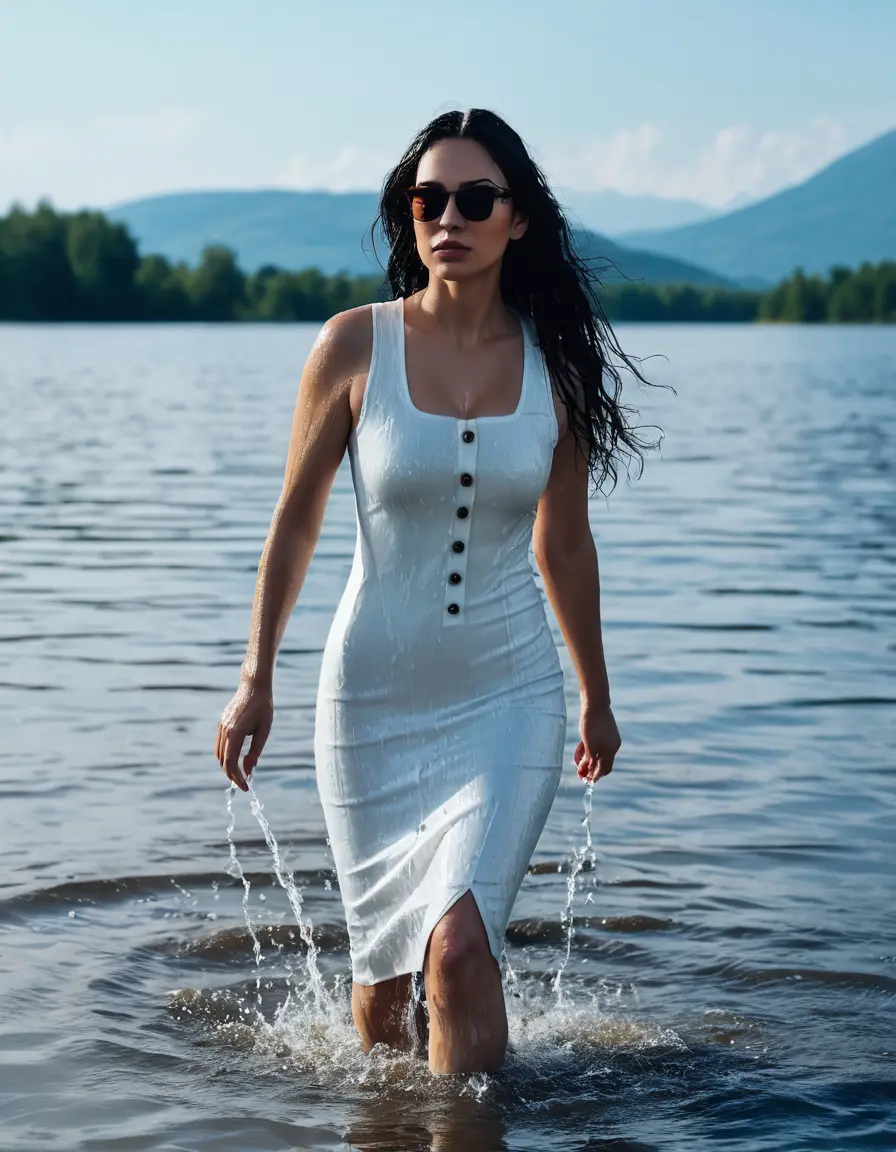 photo of young woman, in soaking wet, drenched clothes,
Sport shoes , midi white tight dress with buttons, midi white tight dress, walking in Sunny Deep lake, 
enjoying, wet clothes stuck to body,
detailed textures of the wet clothes, wet face, wet plastered hair,
wet, drenched, professional, high-quality details, full body view.
sharp focus, ultra-high pixel detail, realistic, high-quality, full colors, incredibly detailed, 4k, 8k, 16k, hyper-realistic, RAW photo, masterpiece, ultra-detailed, professionally color graded, professional photograph, woman 51 years old, long black hair, very big and thick lips, office light glasses, complete body, open mouth