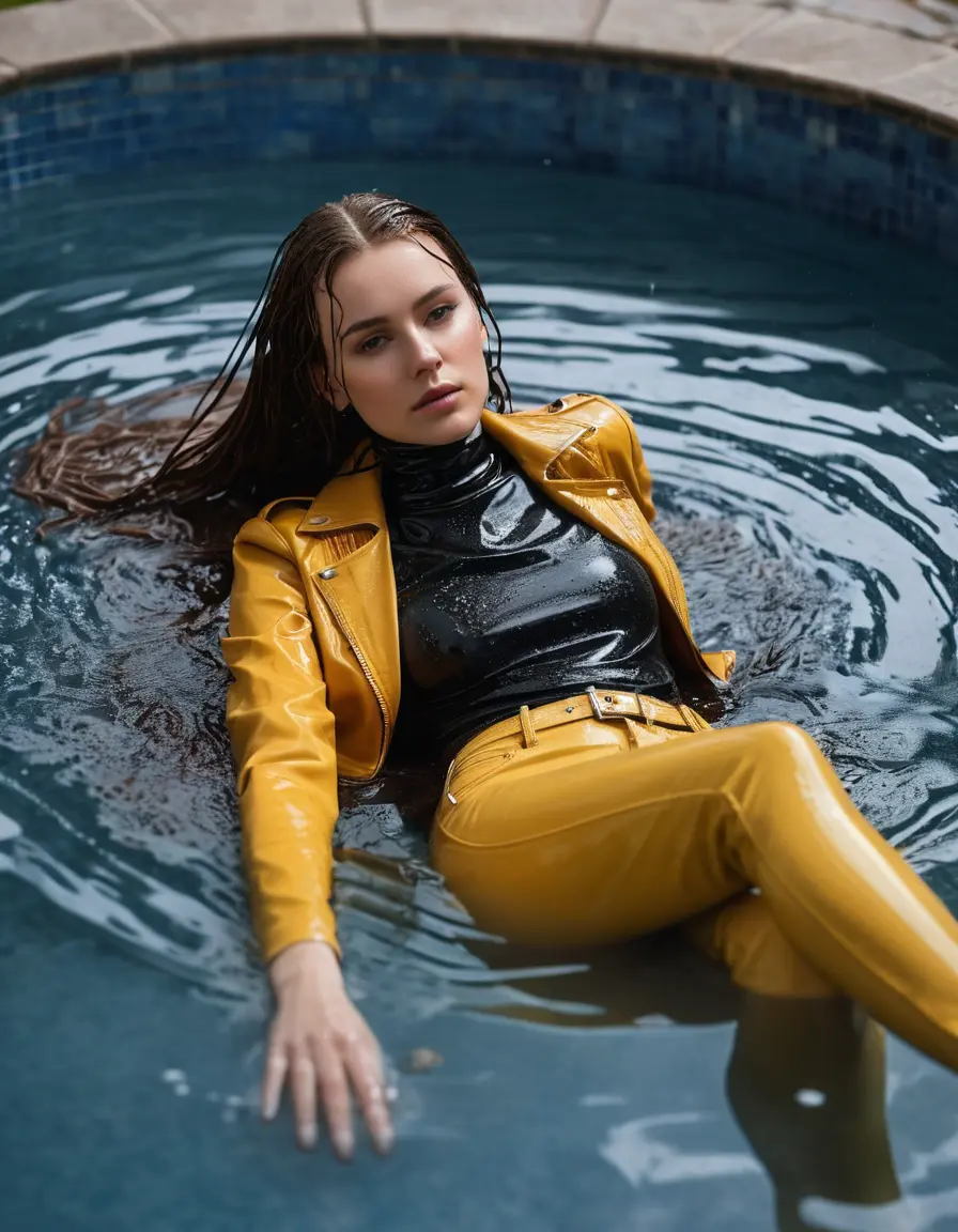 photo of young woman, in soaking wet, drenched clothes,
tight leather boots, skin yellow leather jeans, slim fit red biker leather jacket, tight black latex turtleneck sweater,, Lying submerged in a pool, 
enjoying, wet clothes stuck to body,
detailed textures of the wet clothes, wet face, wet plastered hair,
wet, drenched, professional, high-quality details, full body view.
sharp focus, ultra-high pixel detail, realistic, high-quality, full colors, incredibly detailed, 4k, 8k, 16k, hyper-realistic, RAW photo, masterpiece, ultra-detailed, professionally color graded, professional photograph, white woman, long dripping wet brown hair