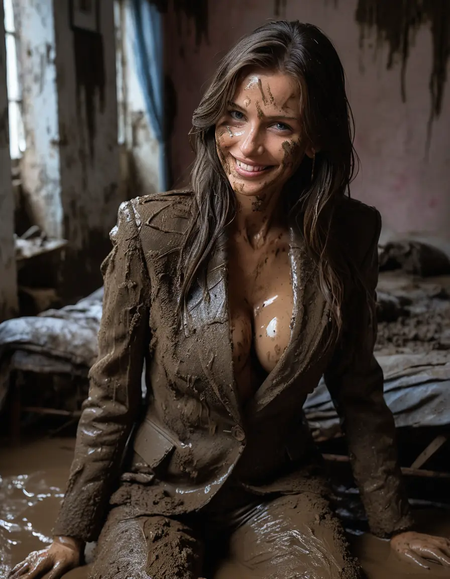 photo of young woman, in soaking wet, drenched clothes,
Muddy high heels, Long very muddy suit pants, Full muddy ruined fully-opened blazer like a fancy uniform over topless with exposed clean boobs., Muddy party in a dark muddy indoor bedroom. Mud splashed walls with mud-flooded floor. Dark mood lighting with pink and blue neon lights. Muddy furnitures and mud-covered bed.., 
enjoying, wet clothes stuck to body,
detailed textures of the wet clothes, wet face, wet plastered hair,
wet, drenched, professional, high-quality details, full body view.
sharp focus, ultra-high pixel detail, realistic, high-quality, full colors, incredibly detailed, 4k, 8k, 16k, hyper-realistic, RAW photo, masterpiece, ultra-detailed, professionally color graded, professional photograph, An elegant fifty years old classy skinny fit beautiful sexy big boobed business mature lady is seducted a young pretty cute small girl with small boobs and laying together in the muddy double bed while they are hugging each other. They are wearing their fully and heavily mud-covered opened suits and they are exposing their clean boobs. Thick mud on their blazers. Every small details of the clothes are muddy, but their faces and boobs are clean for the photo. Their blazer has the same colour as their muddy pants. They are proudly wearing their expensive open blazers and fhe woman flaunting her large clean boobs and large clean cleavage for the young girl. Focus on the boobs and cleavage. The classy elegant room is totally destroyed by mud, deep liquid mud on the bed, on the floor, mud spots everywhere, mud flows down on the walls, muddy pillows, muddy bedsheets. Straight very long open wavy hairstyle, muddy hair, smiling and beautiful clean faces, blue eyes, earrings, lipstick. The women and the girl enjoying to being total muddy on the bed, being sexy, naughty while they are enjoying the muddy fetish party. Realistic boobs and nipples and photorealistic detailed smiling facial expressions. Intimate close-up picture about the women from above. Close-up photo, highly realistic representation, ultra sharp focus, highly photorealistic detailed textures, highly photorealistic detailed facial features and expressions, highly photorealistic hands, highly emotional reactions, highly best quality, highly sharp photorealistic image, highly photorealistic details, full UHD resolution, 32 K, very high level of detail and image sharpness, zoomed in