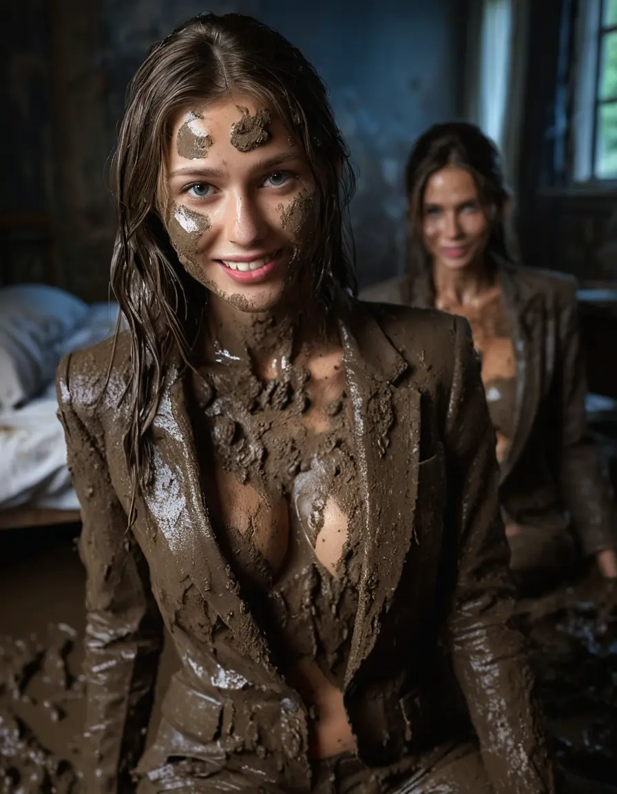 photo of young woman, in soaking wet, drenched clothes,
Muddy high heels, Long very muddy suit pants, Full muddy ruined fully-opened blazer like a fancy uniform over topless with exposed clean boobs., Muddy party in a dark muddy indoor bedroom. Mud splashed walls with mud-flooded floor. Dark mood lighting with pink and blue neon lights. Muddy furnitures and mud-covered bed.., 
enjoying, wet clothes stuck to body,
detailed textures of the wet clothes, wet face, wet plastered hair,
wet, drenched, professional, high-quality details, full body view.
sharp focus, ultra-high pixel detail, realistic, high-quality, full colors, incredibly detailed, 4k, 8k, 16k, hyper-realistic, RAW photo, masterpiece, ultra-detailed, professionally color graded, professional photograph, An elegant fifty years old classy skinny fit beautiful sexy big boobed business mature lady is seducted a young pretty cute fourteen years old small girl with small boobs and laying together in the muddy double bed while they are hugging each other. They are wearing their fully and heavily mud-covered opened suits and they are exposing their clean boobs. Thick mud on their blazers. Every small details of the clothes are muddy, but their faces and boobs are clean for the photo. Their blazer has the same colour as their muddy pants. They are proudly wearing their expensive open blazers and fhe woman flaunting her large clean boobs and large clean cleavage for the young girl. Focus on the boobs and cleavage. The classy elegant room is totally destroyed by mud, deep liquid mud on the bed, on the floor, mud spots everywhere, mud flows down on the walls, muddy pillows, muddy bedsheets. Straight very long open wavy hairstyle, muddy hair, smiling and beautiful clean faces, blue eyes, earrings, lipstick. The women and the girl enjoying to being total muddy on the bed, being sexy, naughty while they are enjoying the muddy fetish party. Realistic boobs and nipples and photorealistic detailed smiling facial expressions. Intimate close-up picture about the women from above. Close-up photo, highly realistic representation, ultra sharp focus, highly photorealistic detailed textures, highly photorealistic detailed facial features and expressions, highly photorealistic hands, highly emotional reactions, highly best quality, highly sharp photorealistic image, highly photorealistic details, full UHD resolution, 32 K, very high level of detail and image sharpness, zoomed in