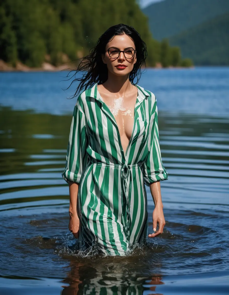 photo of young woman, in soaking wet, drenched clothes,
Sport shoes , maxi green striped dress, maxi green striped dress, walking in Sunny Deep lake, 
enjoying, wet clothes stuck to body,
detailed textures of the wet clothes, wet face, wet plastered hair,
wet, drenched, professional, high-quality details, full body view.
sharp focus, ultra-high pixel detail, realistic, high-quality, full colors, incredibly detailed, 4k, 8k, 16k, hyper-realistic, RAW photo, masterpiece, ultra-detailed, professionally color graded, professional photograph, woman 51 years old, medium black hair, very big and thick lips, office light glasses, complete body