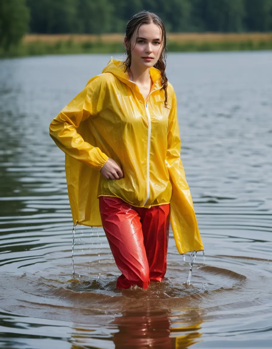 photo of young woman, in soaking wet, drenched clothes,
red wellies, long yellow shiny nylon rainpants, yellow thin nylon top, wading in the lake, 
enjoying, wet clothes stuck to body,
detailed textures of the wet clothes, wet face, wet plastered hair,
wet, drenched, professional, high-quality details, full body view.
sharp focus, ultra-high pixel detail, realistic, high-quality, full colors, incredibly detailed, 4k, 8k, 16k, hyper-realistic, RAW photo, masterpiece, ultra-detailed, professionally color graded, professional photograph