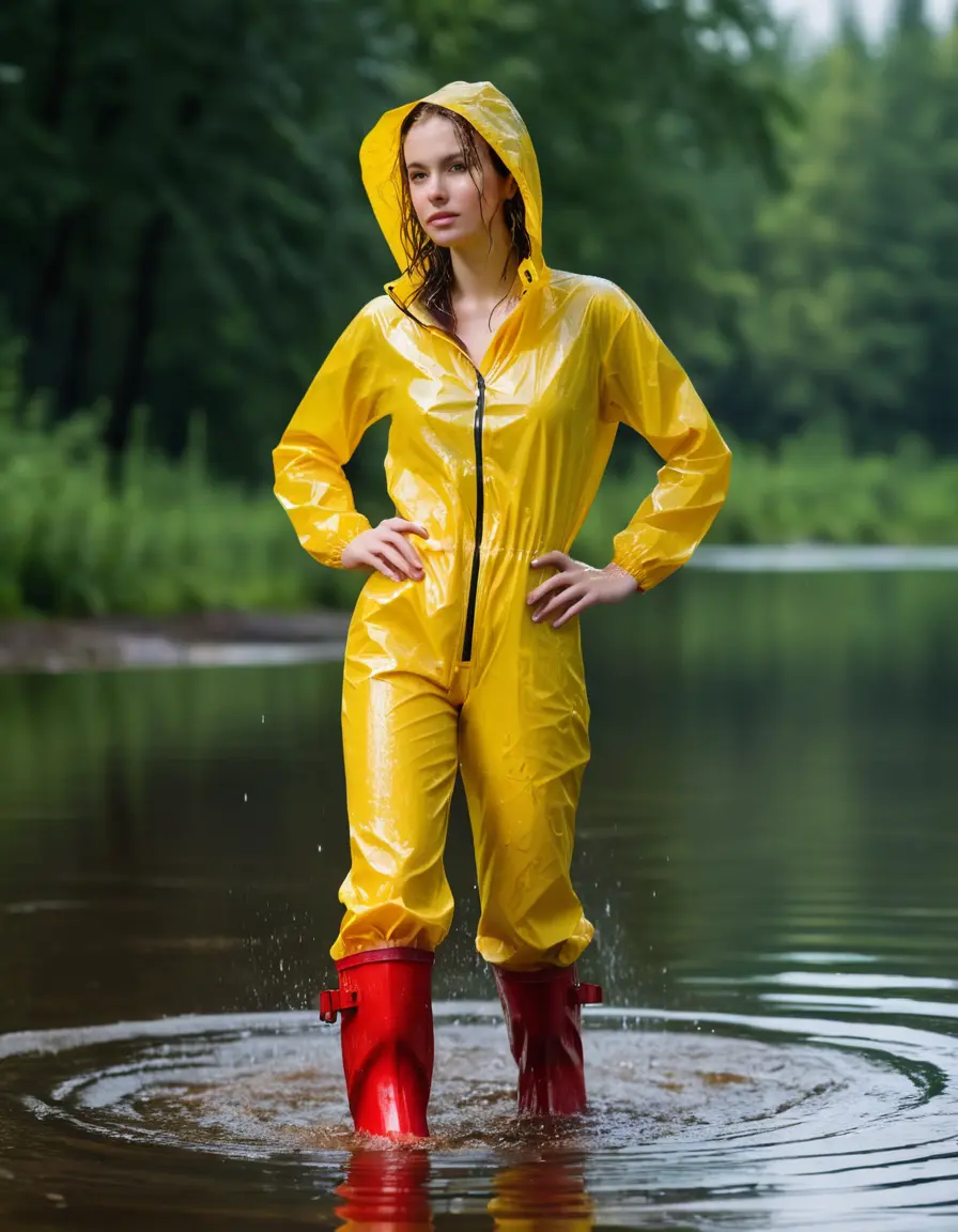 photo of young woman, in soaking wet, drenched clothes,
red wellies, long yellow shiny nylon rainpants, yellow thin nylon top, wading in the lake, 
enjoying, wet clothes stuck to body,
detailed textures of the wet clothes, wet face, wet plastered hair,
wet, drenched, professional, high-quality details, full body view.
sharp focus, ultra-high pixel detail, realistic, high-quality, full colors, incredibly detailed, 4k, 8k, 16k, hyper-realistic, RAW photo, masterpiece, ultra-detailed, professionally color graded, professional photograph