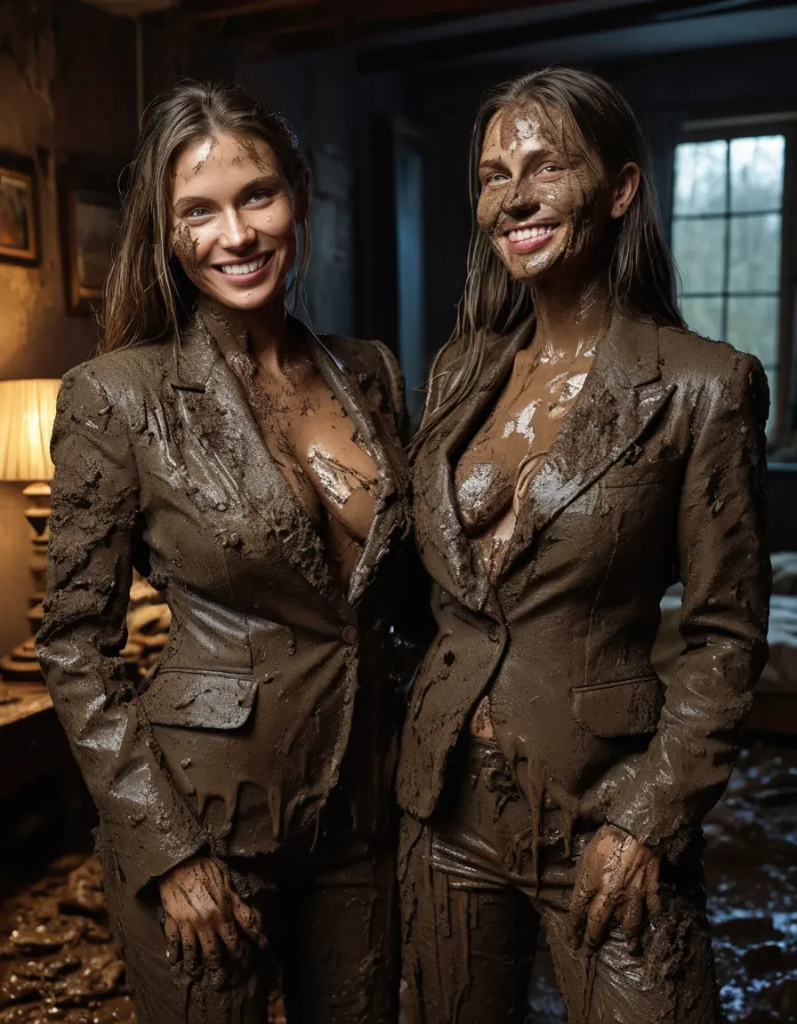 photo of young woman, in soaking wet, drenched clothes,
Muddy high heels, Long very muddy suit pants, Full muddy ruined fully-opened blazer like a fancy uniform over topless with exposed super large heavy saggy muddy boobs., Muddy party in a dark muddy indoor bedroom. Mud splashed walls with mud-flooded floor. Dark mood lighting with pink and blue neon lights. Muddy furnitures and mud-covered bed.., 
enjoying, wet clothes stuck to body,
detailed textures of the wet clothes, wet face, wet plastered hair,
wet, drenched, professional, high-quality details, full body view.
sharp focus, ultra-high pixel detail, realistic, high-quality, full colors, incredibly detailed, 4k, 8k, 16k, hyper-realistic, RAW photo, masterpiece, ultra-detailed, professionally color graded, professional photograph, Two elegant fifty years old classy skinny fit seductive sexy business mature ladies are laying on the top of the muddy double bed and posing erotically. They are wearing their fully and heavily mud-covered opened suits and they are exposing their amazingly huge muddy boobs. Thick mud on their blazers and deep open cleavages. Every small details of the old women are muddy. Their blazer has the same colour as their muddy pants. They are proudly wearing their expensive open blazers and flaunting their huge muddy boobs and large muddy cleavages. Focus on the muddy boobs and cleavages. The classy elegant room is totally destroyed by mud, deep liquid mud on the floor, mud spots everywhere, mud flows down on the walls. Straight very long open wavy hairstyle, muddy hair, smiling and beautiful clean faces, blue eyes, earrings, lipstick. The women enjoying to being total muddy on the bed, being sexy, naughty while they are enjoying the muddy fetish party. Realistic huge saggy muddy boobs and nipples and photorealistic detailed smiling facial expressions. Intimate close-up picture about the women. Close-up photo, highly realistic representation, ultra sharp focus, highly photorealistic detailed textures, highly photorealistic detailed facial features and expressions, highly photorealistic hands, highly emotional reactions, highly best quality, highly sharp photorealistic image, highly photorealistic details, full UHD resolution, 32 K, very high level of detail and image sharpness, zoomed in