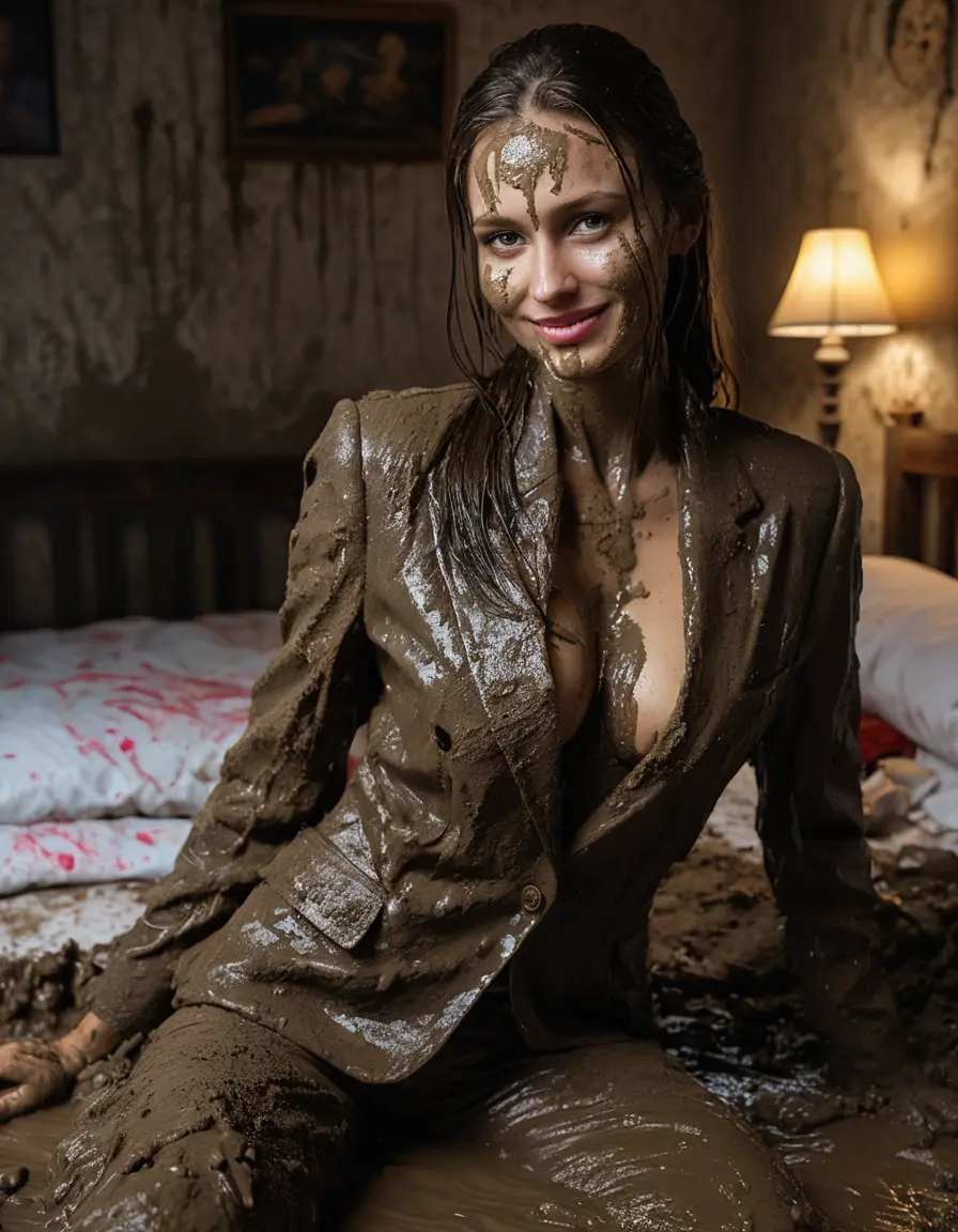 photo of young woman, in soaking wet, drenched clothes,
Muddy high heels, Long very muddy suit pants, Full muddy ruined fully-opened blazer like a fancy uniform over topless with exposed clean boobs., Muddy party in a dark muddy indoor bedroom. Mud splashed walls with mud-flooded floor. Dark mood lighting with pink and blue neon lights. Muddy furnitures and mud-covered bed.., 
enjoying, wet clothes stuck to body,
detailed textures of the wet clothes, wet face, wet plastered hair,
wet, drenched, professional, high-quality details, full body view.
sharp focus, ultra-high pixel detail, realistic, high-quality, full colors, incredibly detailed, 4k, 8k, 16k, hyper-realistic, RAW photo, masterpiece, ultra-detailed, professionally color graded, professional photograph, An elegant fifty years old classy skinny fit beautiful sexy big boobed business mature lady is seducted a young pretty cute small girl with small boobs and laying together in the muddy double bed while they are hugging each other. They are wearing their fully and heavily mud-covered opened suits and they are exposing their clean boobs. Thick mud on their blazers. Every small details of the clothes are muddy, but their faces and boobs are clean for the photo. Their blazer has the same colour as their muddy pants. They are proudly wearing their expensive open blazers and fhe woman flaunting her large clean boobs and large clean cleavage for the young girl. Focus on the boobs and cleavage. The classy elegant room is totally destroyed by mud, deep liquid mud on the bed, on the floor, mud spots everywhere, mud flows down on the walls, muddy pillows, muddy bedsheets. Straight very long open wavy hairstyle, muddy hair, smiling and beautiful clean faces, blue eyes, earrings, lipstick. The women and the girl enjoying to being total muddy on the bed, being sexy, naughty while they are enjoying the muddy fetish party. Realistic boobs and nipples and photorealistic detailed smiling facial expressions. Intimate close-up picture about the women from above. Close-up photo, highly realistic representation, ultra sharp focus, highly photorealistic detailed textures, highly photorealistic detailed facial features and expressions, highly photorealistic hands, highly emotional reactions, highly best quality, highly sharp photorealistic image, highly photorealistic details, full UHD resolution, 32 K, very high level of detail and image sharpness, zoomed in