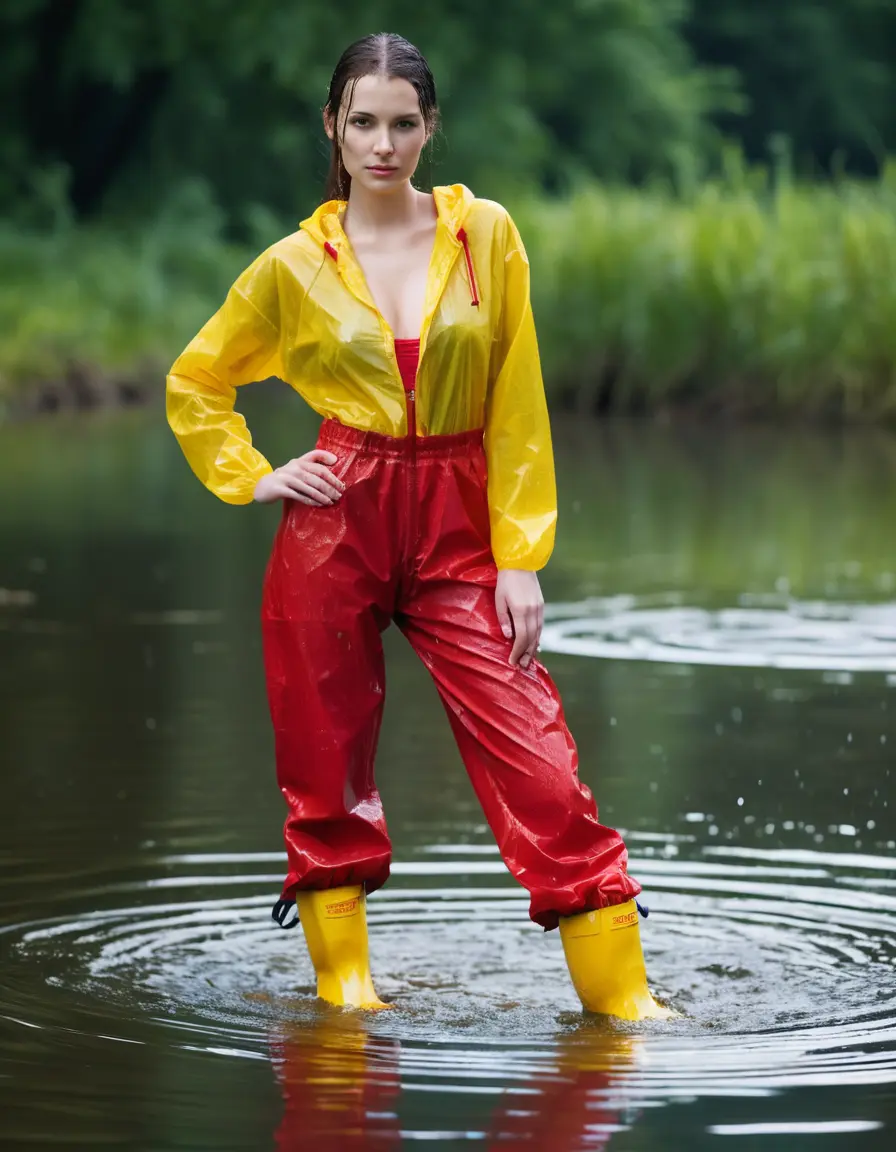 photo of young woman, in soaking wet, drenched clothes,
yellow wellies, long red shiny nylon rainpants, yellow thin nylon top sideboobs, wading in the lake, 
enjoying, wet clothes stuck to body,
detailed textures of the wet clothes, wet face, wet plastered hair,
wet, drenched, professional, high-quality details, full body view.
sharp focus, ultra-high pixel detail, realistic, high-quality, full colors, incredibly detailed, 4k, 8k, 16k, hyper-realistic, RAW photo, masterpiece, ultra-detailed, professionally color graded, professional photograph