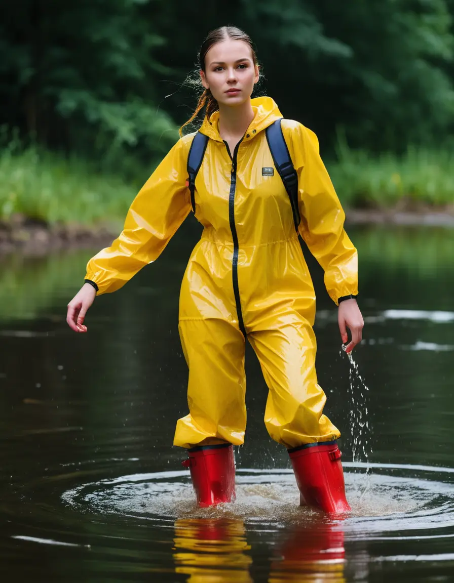 photo of young woman, in soaking wet, drenched clothes,
red wellies, yellow shiny nylon rainpants, yellow shiny nylon cargoule, wading in the lake, 
enjoying, wet clothes stuck to body,
detailed textures of the wet clothes, wet face, wet plastered hair,
wet, drenched, professional, high-quality details, full body view.
sharp focus, ultra-high pixel detail, realistic, high-quality, full colors, incredibly detailed, 4k, 8k, 16k, hyper-realistic, RAW photo, masterpiece, ultra-detailed, professionally color graded, professional photograph