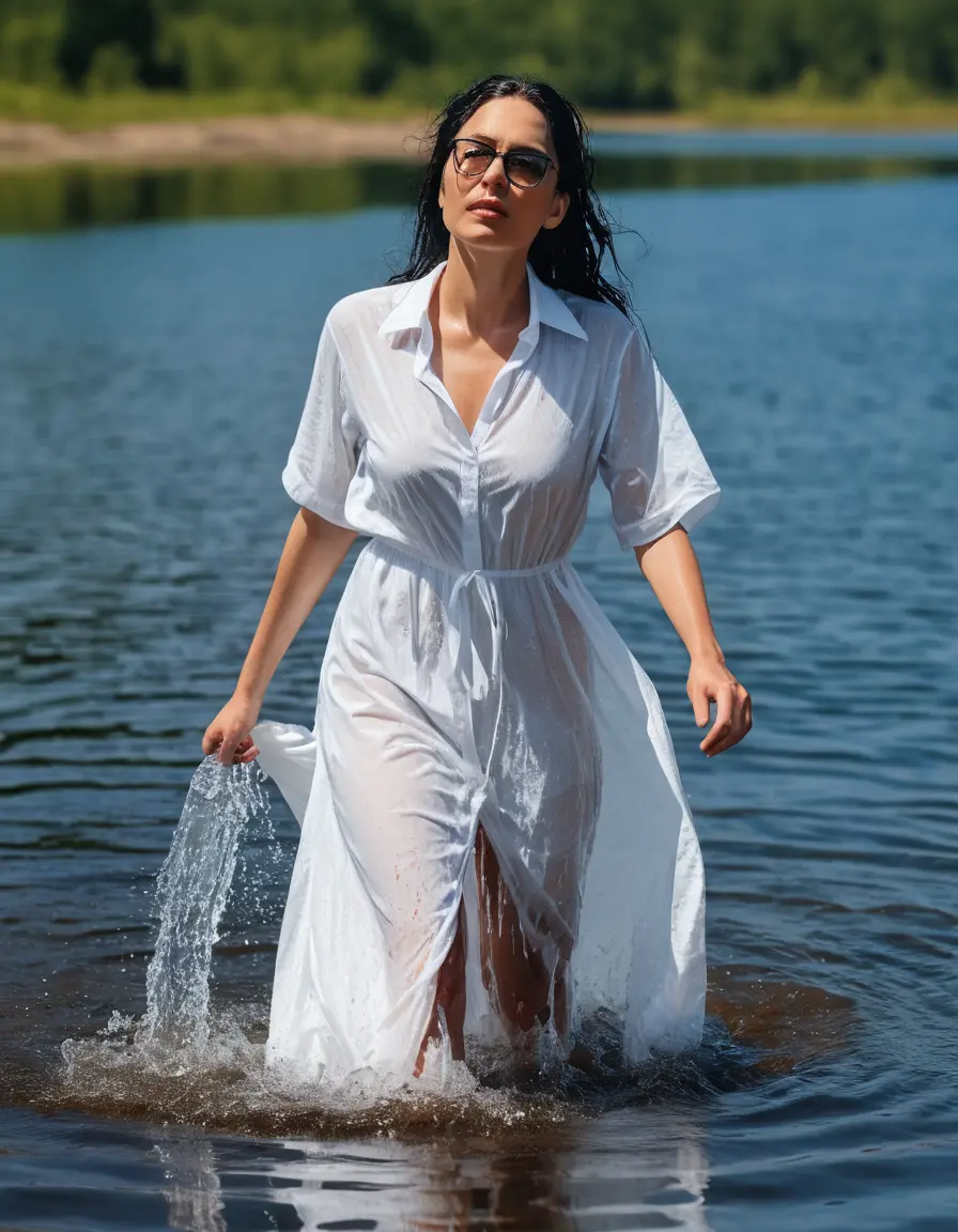 photo of young woman, in soaking wet, drenched clothes,
Sport shoes , maxi white dress, maxi white dress, walking in Sunny Deep lake, 
enjoying, wet clothes stuck to body,
detailed textures of the wet clothes, wet face, wet plastered hair,
wet, drenched, professional, high-quality details, full body view.
sharp focus, ultra-high pixel detail, realistic, high-quality, full colors, incredibly detailed, 4k, 8k, 16k, hyper-realistic, RAW photo, masterpiece, ultra-detailed, professionally color graded, professional photograph, woman 51 years old, long black hair, very big and thick lips, office light glasses, complete body, open mouth