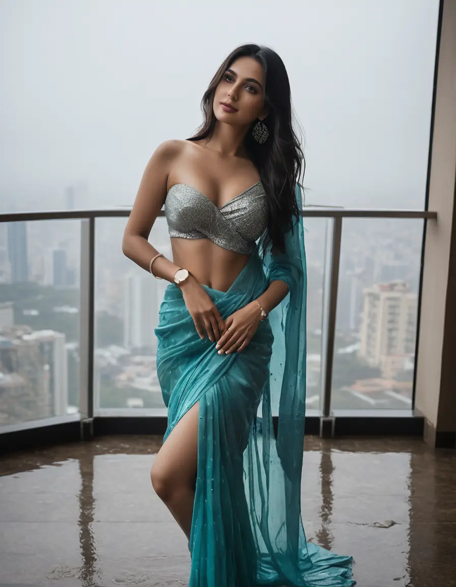photo of young woman, in soaking wet, drenched clothes,
Stilletto heels, Half Saree,    Saree skin tight , full sleeve, Luxury pent house, womens , spreading legs , 
enjoying, wet clothes stuck to body,
detailed textures of the wet clothes, wet face, wet plastered hair,
wet, drenched, professional, high-quality details, full body view.
sharp focus, ultra-high pixel detail, realistic, high-quality, full colors, incredibly detailed, 4k, 8k, 16k, hyper-realistic, RAW photo, masterpiece, ultra-detailed, professionally color graded, professional photograph, Long Straight open  wavy hairstyle , ,  wrist watch, 