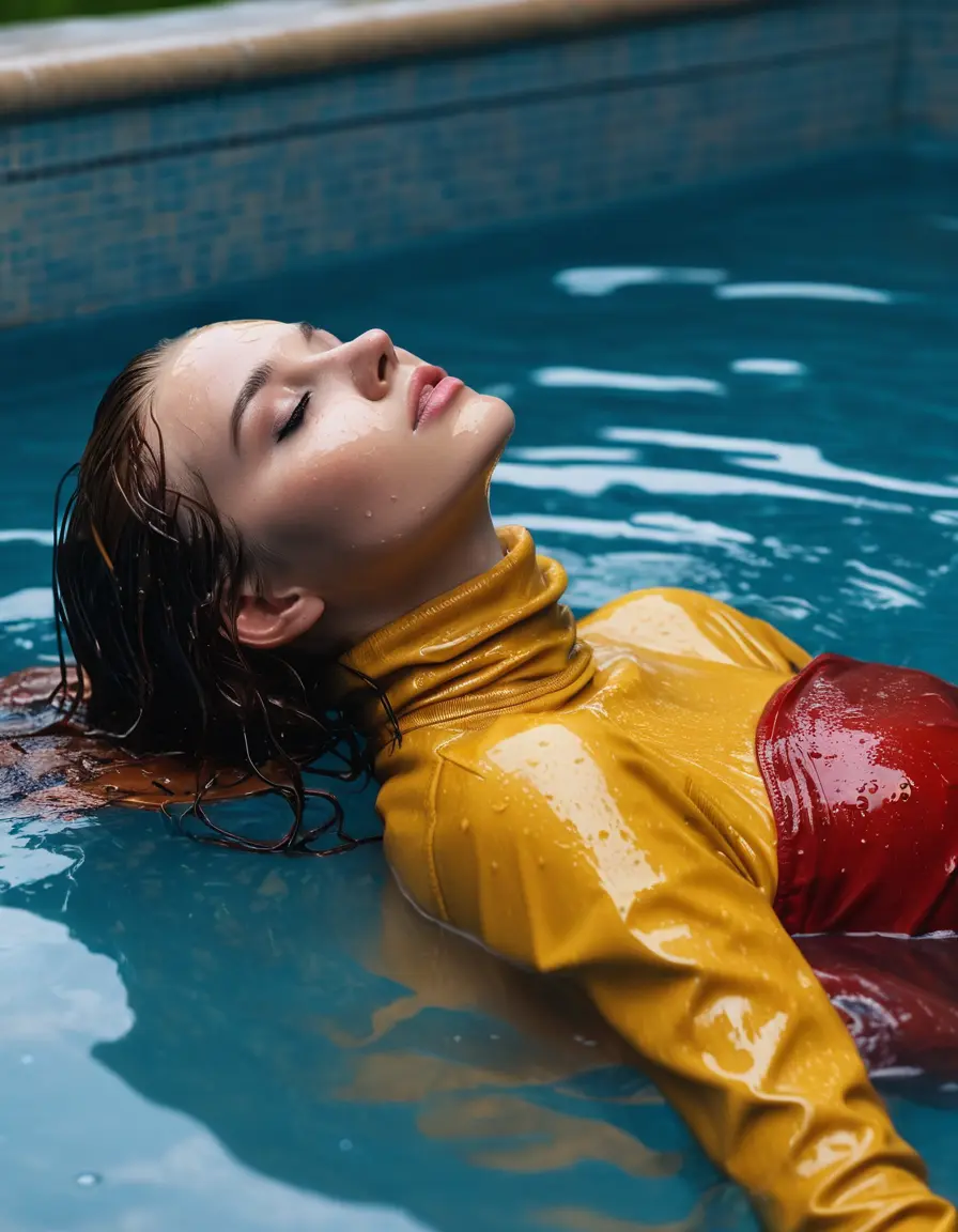 photo of young woman, in soaking wet, drenched clothes,
tight leather boots, skin yellow leather jeans,  tight red latex turtleneck sweater, Lying submerged in a pool, 
enjoying, wet clothes stuck to body,
detailed textures of the wet clothes, wet face, wet plastered hair,
wet, drenched, professional, high-quality details, full body view.
sharp focus, ultra-high pixel detail, realistic, high-quality, full colors, incredibly detailed, 4k, 8k, 16k, hyper-realistic, RAW photo, masterpiece, ultra-detailed, professionally color graded, professional photograph, white woman, long dripping wet brown hair