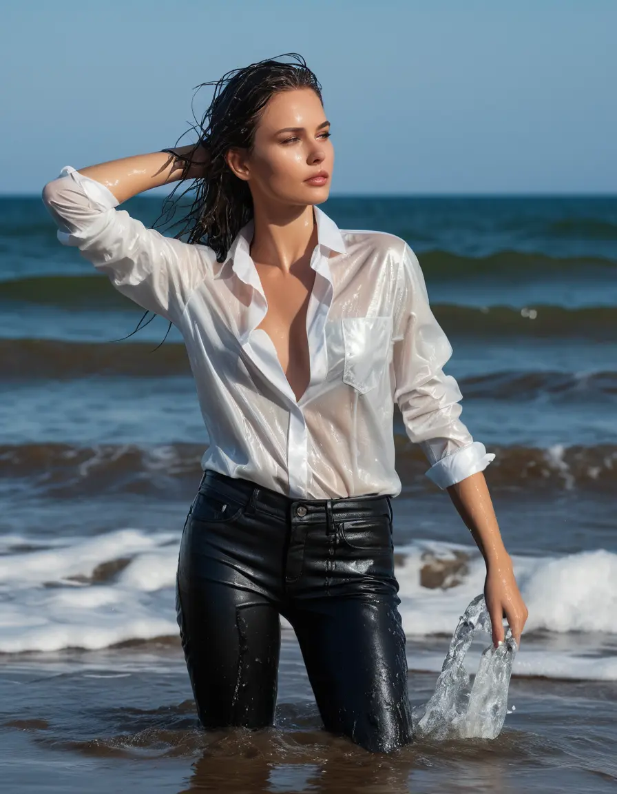 photo of young woman, in soaking wet, drenched clothes,
, black leather jeans, white satin shirt, Standing in the sea, 
enjoying, wet clothes stuck to body,
detailed textures of the wet clothes, wet face, wet plastered hair,
wet, drenched, professional, high-quality details, full body view.
sharp focus, ultra-high pixel detail, realistic, high-quality, full colors, incredibly detailed, 4k, 8k, 16k, hyper-realistic, RAW photo, masterpiece, ultra-detailed, professionally color graded, professional photograph
