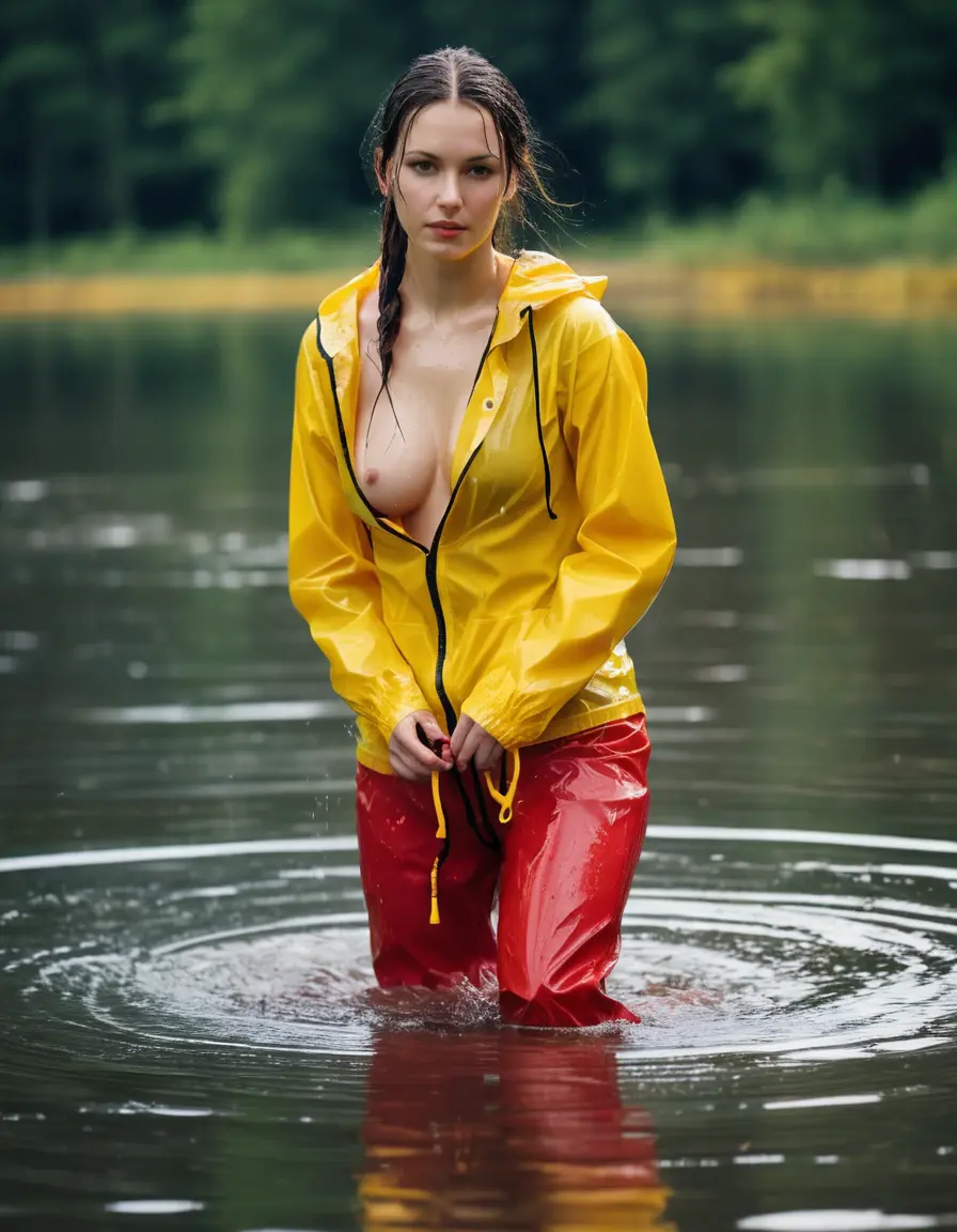 photo of young woman, in soaking wet, drenched clothes,
yellow wellies, long red shiny nylon rainpants, yellow thin nylon top sideboobs over bare breasts, wading in the lake, 
enjoying, wet clothes stuck to body,
detailed textures of the wet clothes, wet face, wet plastered hair,
wet, drenched, professional, high-quality details, full body view.
sharp focus, ultra-high pixel detail, realistic, high-quality, full colors, incredibly detailed, 4k, 8k, 16k, hyper-realistic, RAW photo, masterpiece, ultra-detailed, professionally color graded, professional photograph