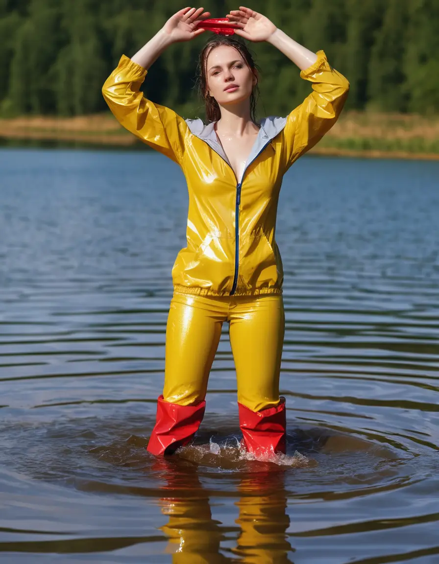 photo of young woman, in soaking wet, drenched clothes,
yellow wellies, long red shiny nylon rainpants, yellow white nylon top sideboobs over bare breasts, wading in the lake, 
enjoying, wet clothes stuck to body,
detailed textures of the wet clothes, wet face, wet plastered hair,
wet, drenched, professional, high-quality details, full body view.
sharp focus, ultra-high pixel detail, realistic, high-quality, full colors, incredibly detailed, 4k, 8k, 16k, hyper-realistic, RAW photo, masterpiece, ultra-detailed, professionally color graded, professional photograph
