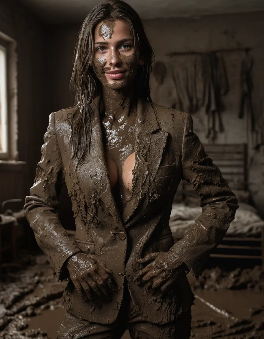 photo of young woman, in soaking wet, drenched clothes,
Muddy high heels, Long very muddy suit pants, Full muddy ruined fully-opened blazer like a fancy uniform over topless with exposed clean boobs., Muddy party in a dark muddy indoor bedroom. Mud splashed walls with mud-flooded floor. Dark mood lighting with pink and blue neon lights. Muddy furnitures and mud-covered bed.., 
enjoying, wet clothes stuck to body,
detailed textures of the wet clothes, wet face, wet plastered hair,
wet, drenched, professional, high-quality details, full body view.
sharp focus, ultra-high pixel detail, realistic, high-quality, full colors, incredibly detailed, 4k, 8k, 16k, hyper-realistic, RAW photo, masterpiece, ultra-detailed, professionally color graded, professional photograph, An elegant 55 years old classy skinny fit beautiful sexy big boobed business mature lady is seducted a young pretty cute teen 12 years old small girl with small boobs and laying together in the muddy double bed while they are hugging each other. They are wearing their fully and heavily mud-covered opened suits and they are exposing their clean boobs. Thick mud on their blazers. Every small details of the clothes are muddy, but their faces and boobs are clean for the photo. Their blazer has the same colour as their muddy pants. They are proudly wearing their expensive open blazers and fhe woman flaunting her large clean boobs and large clean cleavage for the young girl. Focus on the boobs and cleavage. The classy elegant room is totally destroyed by mud, deep liquid mud on the bed, on the floor, mud spots everywhere, mud flows down on the walls, muddy pillows, muddy bedsheets. Straight very long open wavy hairstyle, muddy hair, smiling and beautiful clean faces, blue eyes, earrings, lipstick. The women and the girl enjoying to being total muddy on the bed, being sexy, naughty while they are enjoying the muddy fetish party. Realistic boobs and nipples and photorealistic detailed smiling facial expressions. Intimate close-up picture about the women from above. Close-up photo, highly realistic representation, ultra sharp focus, highly photorealistic detailed textures, highly photorealistic detailed facial features and expressions, highly photorealistic hands, highly emotional reactions, highly best quality, highly sharp photorealistic image, highly photorealistic details, full UHD resolution, 32 K, very high level of detail and image sharpness, zoomed in