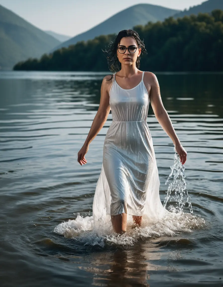 photo of young woman, in soaking wet, drenched clothes,
Sport shoes , maxi white tight dress, maxi white tight dress, walking in Sunny Deep lake, 
enjoying, wet clothes stuck to body,
detailed textures of the wet clothes, wet face, wet plastered hair,
wet, drenched, professional, high-quality details, full body view.
sharp focus, ultra-high pixel detail, realistic, high-quality, full colors, incredibly detailed, 4k, 8k, 16k, hyper-realistic, RAW photo, masterpiece, ultra-detailed, professionally color graded, professional photograph, woman 51 years old, medium black hair, very big and thick lips, office light glasses, complete body