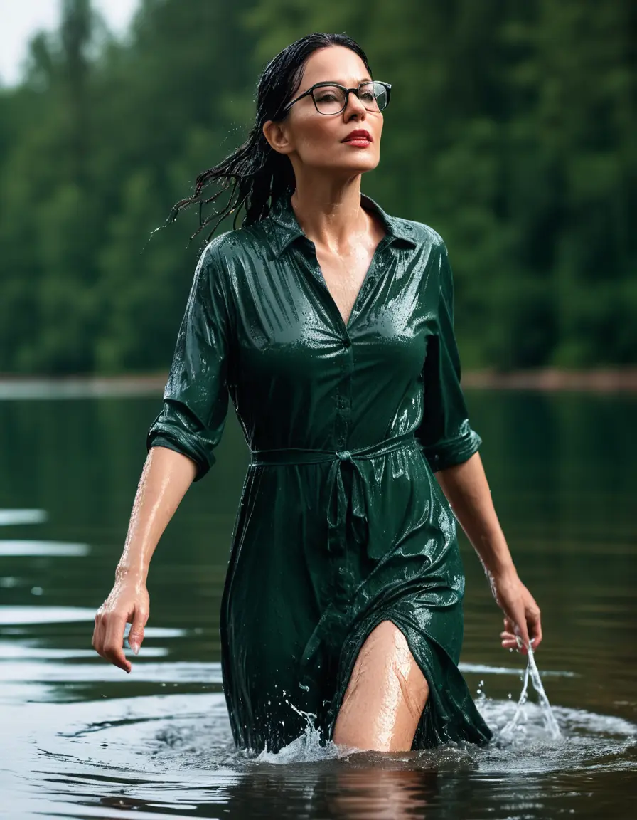 photo of young woman, in soaking wet, drenched clothes,
Sport shoes , maxi dark green dress, maxi dark green dress, walking in Sunny Deep lake, 
enjoying, wet clothes stuck to body,
detailed textures of the wet clothes, wet face, wet plastered hair,
wet, drenched, professional, high-quality details, full body view.
sharp focus, ultra-high pixel detail, realistic, high-quality, full colors, incredibly detailed, 4k, 8k, 16k, hyper-realistic, RAW photo, masterpiece, ultra-detailed, professionally color graded, professional photograph, woman 51 years old, medium black hair, very big and thick lips, office light glasses, complete body, open mouth