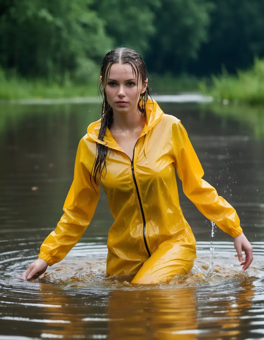photo of young woman, in soaking wet, drenched clothes,
yellow wellies, long red shiny nylon rainpants, yellow thin nylon top sideboobs over bare breasts, wading in the lake, 
enjoying, wet clothes stuck to body,
detailed textures of the wet clothes, wet face, wet plastered hair,
wet, drenched, professional, high-quality details, full body view.
sharp focus, ultra-high pixel detail, realistic, high-quality, full colors, incredibly detailed, 4k, 8k, 16k, hyper-realistic, RAW photo, masterpiece, ultra-detailed, professionally color graded, professional photograph