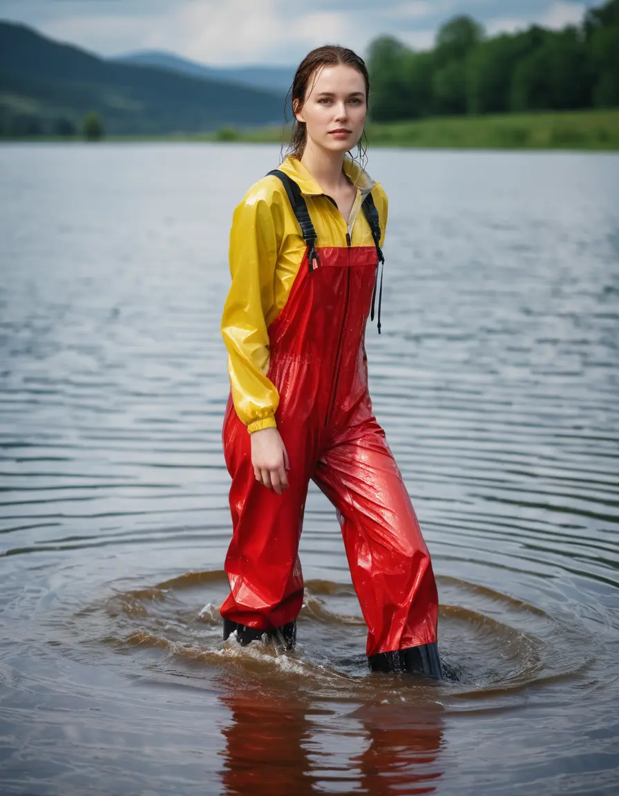 photo of young woman, in soaking wet, drenched clothes,
red wellies, long red shiny nylon rainpants, yellow thin nylon top, wading in the lake, 
enjoying, wet clothes stuck to body,
detailed textures of the wet clothes, wet face, wet plastered hair,
wet, drenched, professional, high-quality details, full body view.
sharp focus, ultra-high pixel detail, realistic, high-quality, full colors, incredibly detailed, 4k, 8k, 16k, hyper-realistic, RAW photo, masterpiece, ultra-detailed, professionally color graded, professional photograph