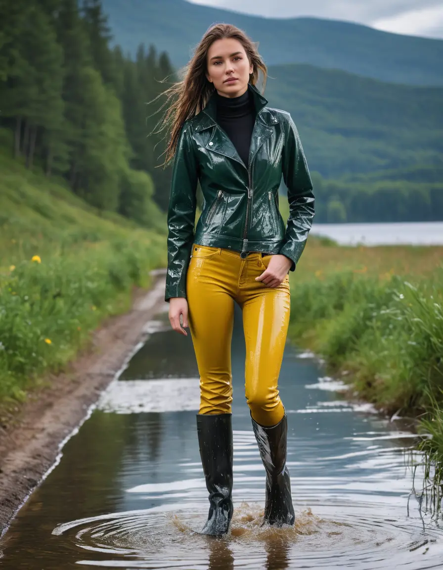 photo of young woman, in soaking wet, drenched clothes,
tight leather boots, skin yellow leather jeans, slim fit green biker leather jacket, tight black latex turtleneck sweater,, walking in the morning along a hiking path with a lake in the background, dirty, 
enjoying, wet clothes stuck to body,
detailed textures of the wet clothes, wet face, wet plastered hair,
wet, drenched, professional, high-quality details, full body view.
sharp focus, ultra-high pixel detail, realistic, high-quality, full colors, incredibly detailed, 4k, 8k, 16k, hyper-realistic, RAW photo, masterpiece, ultra-detailed, professionally color graded, professional photograph, white woman, long dripping wet brown hair