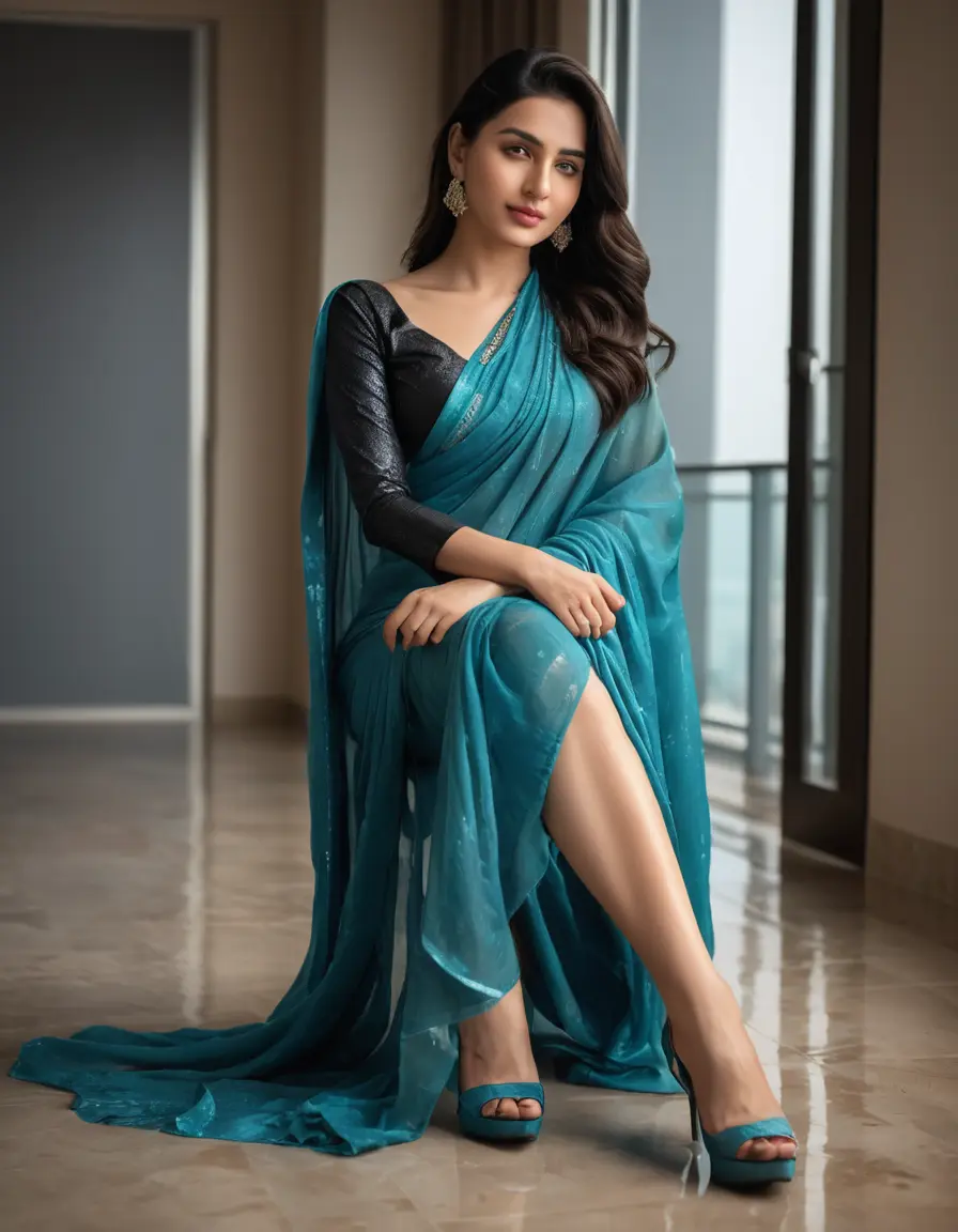 photo of young woman, in soaking wet, drenched clothes,
Stilletto heels, Half Saree,    Saree skin tight , full sleeve, Luxury pent house, womens , spreading legs , 
enjoying, wet clothes stuck to body,
detailed textures of the wet clothes, wet face, wet plastered hair,
wet, drenched, professional, high-quality details, full body view.
sharp focus, ultra-high pixel detail, realistic, high-quality, full colors, incredibly detailed, 4k, 8k, 16k, hyper-realistic, RAW photo, masterpiece, ultra-detailed, professionally color graded, professional photograph, Long Straight open  wavy hairstyle , ,  wrist watch, 