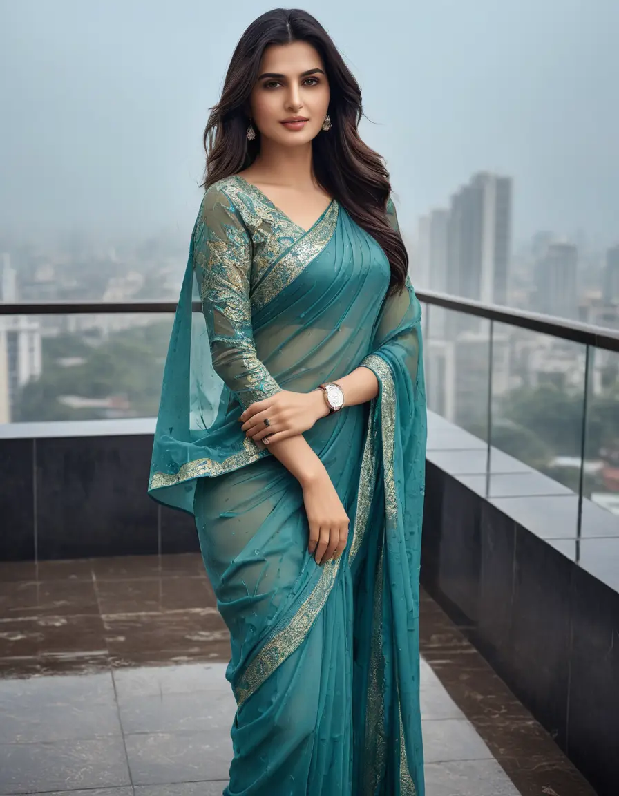 photo of young woman, in soaking wet, drenched clothes,
Stilletto heels, Saree, Designer   Saree skin tight , full sleeve, Luxury pent house, womens , spreading legs , 
enjoying, wet clothes stuck to body,
detailed textures of the wet clothes, wet face, wet plastered hair,
wet, drenched, professional, high-quality details, full body view.
sharp focus, ultra-high pixel detail, realistic, high-quality, full colors, incredibly detailed, 4k, 8k, 16k, hyper-realistic, RAW photo, masterpiece, ultra-detailed, professionally color graded, professional photograph, Long Straight open  wavy hairstyle , ,  wrist watch, 