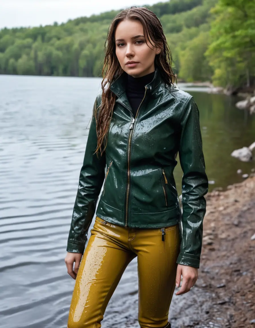 photo of young woman, in soaking wet, drenched clothes,
tight leather boots, skin yellow leather jeans, slim fit green biker leather jacket, tight black latex turtleneck sweater,, walking in the morning along a hiking path with a lake in the background, dirty, 
enjoying, wet clothes stuck to body,
detailed textures of the wet clothes, wet face, wet plastered hair,
wet, drenched, professional, high-quality details, full body view.
sharp focus, ultra-high pixel detail, realistic, high-quality, full colors, incredibly detailed, 4k, 8k, 16k, hyper-realistic, RAW photo, masterpiece, ultra-detailed, professionally color graded, professional photograph, white woman, long dripping wet brown hair