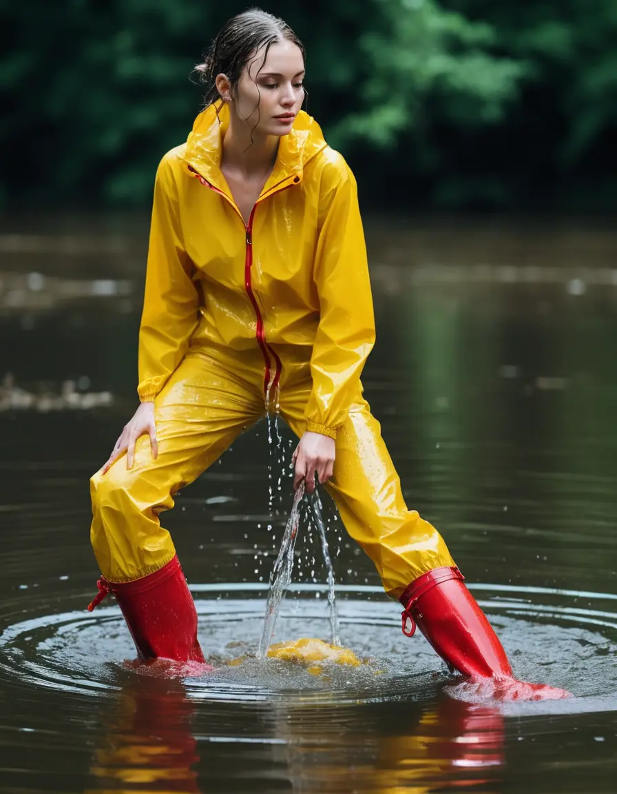 photo of young woman, in soaking wet, drenched clothes,
red wellies, long yellow shiny nylon rainpants, yellow thin nylon top, wading in the lake, 
enjoying, wet clothes stuck to body,
detailed textures of the wet clothes, wet face, wet plastered hair,
wet, drenched, professional, high-quality details, full body view.
sharp focus, ultra-high pixel detail, realistic, high-quality, full colors, incredibly detailed, 4k, 8k, 16k, hyper-realistic, RAW photo, masterpiece, ultra-detailed, professionally color graded, professional photograph