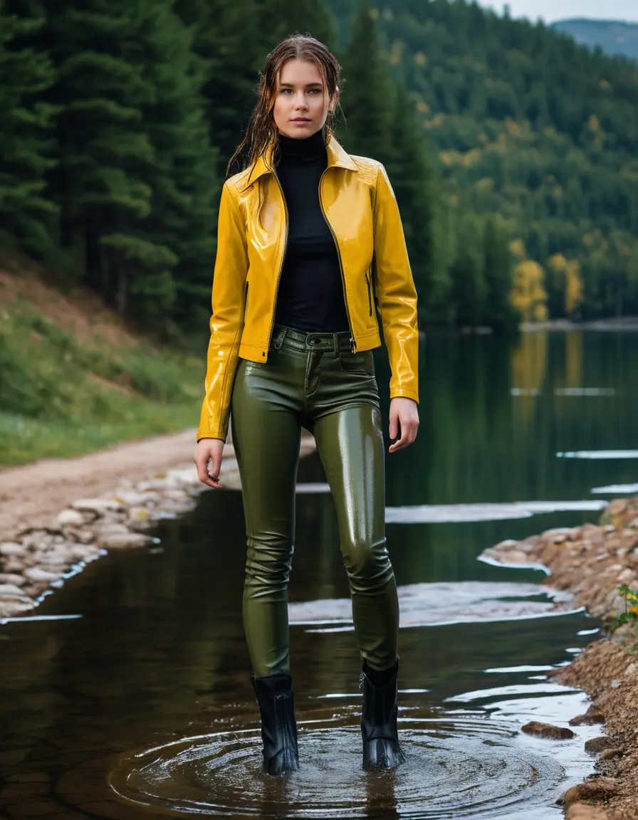 photo of young woman, in soaking wet, drenched clothes,
tight leather boots, skin yellow leather jeans, slim fit green biker leather jacket, tight black latex turtleneck sweater,, walking in the morning along a hiking path with a lake in the background, dirty, 
enjoying, wet clothes stuck to body,
detailed textures of the wet clothes, wet face, wet plastered hair,
wet, drenched, professional, high-quality details, full body view.
sharp focus, ultra-high pixel detail, realistic, high-quality, full colors, incredibly detailed, 4k, 8k, 16k, hyper-realistic, RAW photo, masterpiece, ultra-detailed, professionally color graded, professional photograph, white woman, long dripping wet brown hair