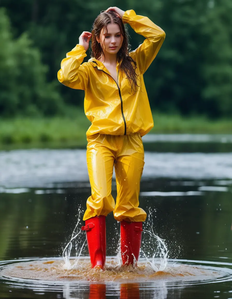 photo of young woman, in soaking wet, drenched clothes,
red wellies, long yellow shiny nylon rainpants, yellow thin nylon top, wading in the lake, 
enjoying, wet clothes stuck to body,
detailed textures of the wet clothes, wet face, wet plastered hair,
wet, drenched, professional, high-quality details, full body view.
sharp focus, ultra-high pixel detail, realistic, high-quality, full colors, incredibly detailed, 4k, 8k, 16k, hyper-realistic, RAW photo, masterpiece, ultra-detailed, professionally color graded, professional photograph