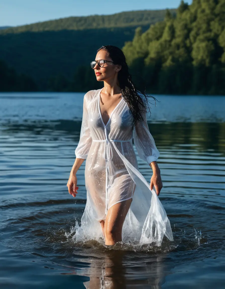 photo of young woman, in soaking wet, drenched clothes,
Sport shoes , maxi white transparent dress, maxi white transparent dress, walking in Sunny Deep lake, 
enjoying, wet clothes stuck to body,
detailed textures of the wet clothes, wet face, wet plastered hair,
wet, drenched, professional, high-quality details, full body view.
sharp focus, ultra-high pixel detail, realistic, high-quality, full colors, incredibly detailed, 4k, 8k, 16k, hyper-realistic, RAW photo, masterpiece, ultra-detailed, professionally color graded, professional photograph, woman 51 years old, long black hair, very big and thick lips, office light glasses, complete body, open mouth
