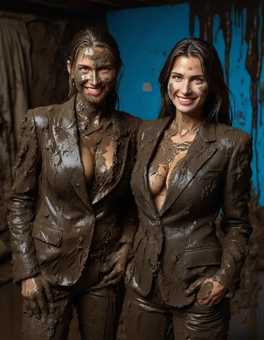 photo of young woman, in soaking wet, drenched clothes,
Muddy high heels, Long very muddy suit pants, Full muddy ruined fully-opened blazer like a fancy uniform over topless with exposed super large heavy saggy muddy boobs., Muddy party in a dark muddy indoor bedroom. Mud splashed walls with mud-flooded floor. Dark mood lighting with pink and blue neon lights. Muddy furnitures and mud-covered bed.., 
enjoying, wet clothes stuck to body,
detailed textures of the wet clothes, wet face, wet plastered hair,
wet, drenched, professional, high-quality details, full body view.
sharp focus, ultra-high pixel detail, realistic, high-quality, full colors, incredibly detailed, 4k, 8k, 16k, hyper-realistic, RAW photo, masterpiece, ultra-detailed, professionally color graded, professional photograph, An elegant fifty years old classy skinny fit beautiful sexy business mature lady is seducted girl and laying together with a young cute skinny teen schoolgirl on the top of the muddy double bed. They are wearing their fully and heavily mud-covered opened suits and they are exposing their muddy boobs. Thick mud on their blazers and deep open cleavages. Every small details of the old women are muddy. Their blazer has the same colour as their muddy pants. They are proudly wearing their expensive open blazers and fhe woman flaunting herr huge muddy boobs and large muddy cleavage for the young one. Focus on the muddy boobs and cleavages. The classy elegant room is totally destroyed by mud, deep liquid mud on the bed, on the floor, mud spots everywhere, mud flows down on the walls, muddy pillows, muddy bedsheets. Straight very long open wavy hairstyle, muddy hair, smiling and beautiful clean faces, blue eyes, earrings, lipstick. The women enjoying to being total muddy on the bed, being sexy, naughty while they are enjoying the muddy fetish party. Realistic huge saggy muddy boobs and nipples and photorealistic detailed smiling facial expressions. Intimate close-up picture about the women from above. Close-up photo, highly realistic representation, ultra sharp focus, highly photorealistic detailed textures, highly photorealistic detailed facial features and expressions, highly photorealistic hands, highly emotional reactions, highly best quality, highly sharp photorealistic image, highly photorealistic details, full UHD resolution, 32 K, very high level of detail and image sharpness, zoomed in