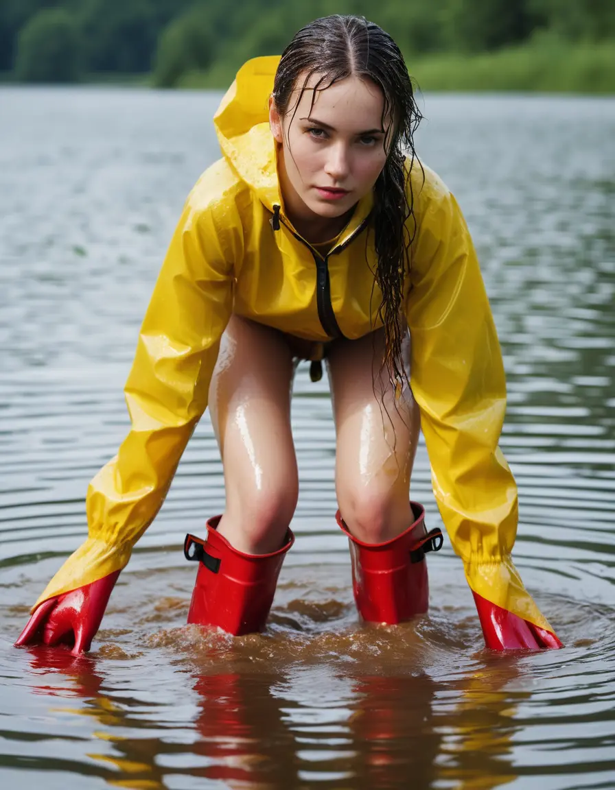 photo of young woman, in soaking wet, drenched clothes,
red wellies, long yellow shiny nylon rainpants, yellow thin nylon top, wading in the lake, 
enjoying, wet clothes stuck to body,
detailed textures of the wet clothes, wet face, wet plastered hair,
wet, drenched, professional, high-quality details, full body view.
sharp focus, ultra-high pixel detail, realistic, high-quality, full colors, incredibly detailed, 4k, 8k, 16k, hyper-realistic, RAW photo, masterpiece, ultra-detailed, professionally color graded, professional photograph