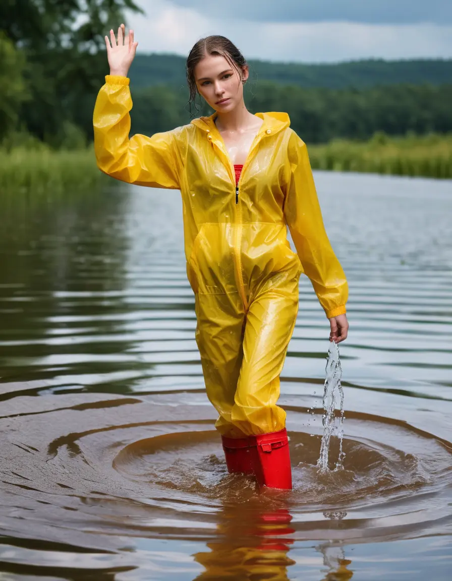 photo of young woman, in soaking wet, drenched clothes,
yellow wellies, long red shiny nylon rainpants, yellow thin nylon top sideboobs, wading in the lake, 
enjoying, wet clothes stuck to body,
detailed textures of the wet clothes, wet face, wet plastered hair,
wet, drenched, professional, high-quality details, full body view.
sharp focus, ultra-high pixel detail, realistic, high-quality, full colors, incredibly detailed, 4k, 8k, 16k, hyper-realistic, RAW photo, masterpiece, ultra-detailed, professionally color graded, professional photograph