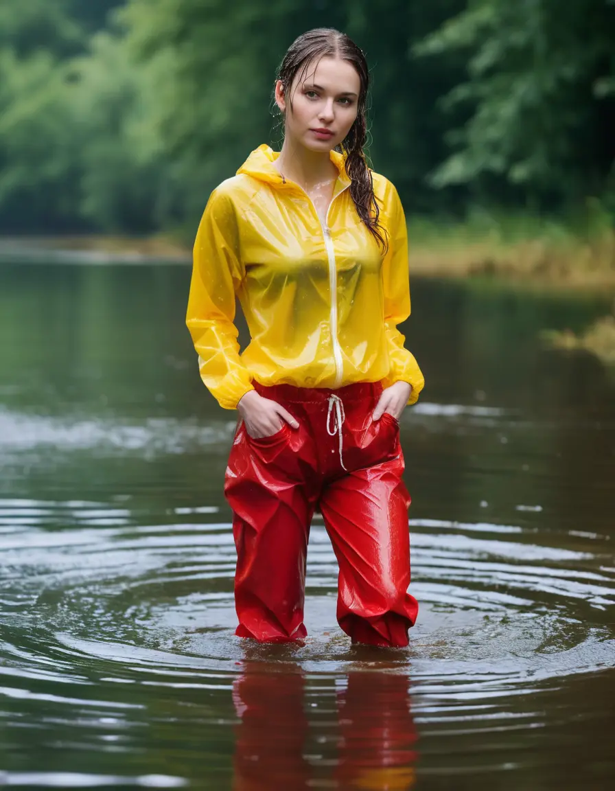 photo of young woman, in soaking wet, drenched clothes,
red wellies, long red shiny nylon rainpants, yellow thin nylon top sideboobs, wading in the lake, 
enjoying, wet clothes stuck to body,
detailed textures of the wet clothes, wet face, wet plastered hair,
wet, drenched, professional, high-quality details, full body view.
sharp focus, ultra-high pixel detail, realistic, high-quality, full colors, incredibly detailed, 4k, 8k, 16k, hyper-realistic, RAW photo, masterpiece, ultra-detailed, professionally color graded, professional photograph