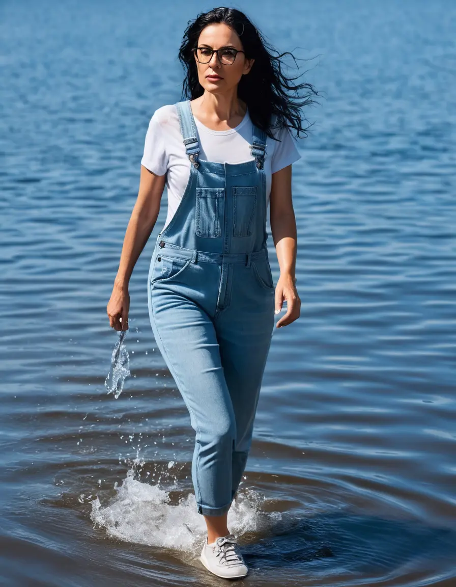 photo of young woman, in soaking wet, drenched clothes,
Sport shoes , long light blue tight jeans overall with short sleeves, long light blue tight jeans overall with short sleeves, walking in Sunny Deep lake, 
enjoying, wet clothes stuck to body,
detailed textures of the wet clothes, wet face, wet plastered hair,
wet, drenched, professional, high-quality details, full body view.
sharp focus, ultra-high pixel detail, realistic, high-quality, full colors, incredibly detailed, 4k, 8k, 16k, hyper-realistic, RAW photo, masterpiece, ultra-detailed, professionally color graded, professional photograph, woman 51 years old, long black hair, very big and thick lips, office light glasses, complete body, open mouth