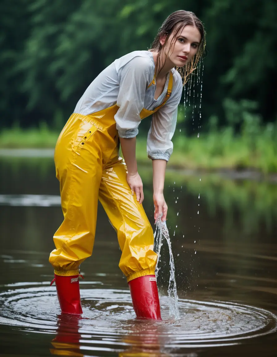 photo of young woman, in soaking wet, drenched clothes,
yellow wellies, long red shiny nylon rainpants, yellow thin nylon top sideboobs, wading in the lake, 
enjoying, wet clothes stuck to body,
detailed textures of the wet clothes, wet face, wet plastered hair,
wet, drenched, professional, high-quality details, full body view.
sharp focus, ultra-high pixel detail, realistic, high-quality, full colors, incredibly detailed, 4k, 8k, 16k, hyper-realistic, RAW photo, masterpiece, ultra-detailed, professionally color graded, professional photograph