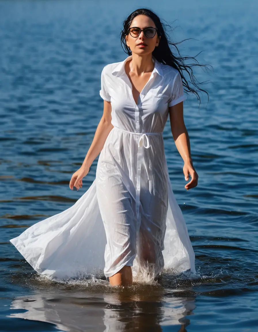 photo of young woman, in soaking wet, drenched clothes,
Sport shoes , maxi white dress, maxi white dress, walking in Sunny Deep lake, 
enjoying, wet clothes stuck to body,
detailed textures of the wet clothes, wet face, wet plastered hair,
wet, drenched, professional, high-quality details, full body view.
sharp focus, ultra-high pixel detail, realistic, high-quality, full colors, incredibly detailed, 4k, 8k, 16k, hyper-realistic, RAW photo, masterpiece, ultra-detailed, professionally color graded, professional photograph, woman 51 years old, long black hair, very big and thick lips, office light glasses, complete body, open mouth