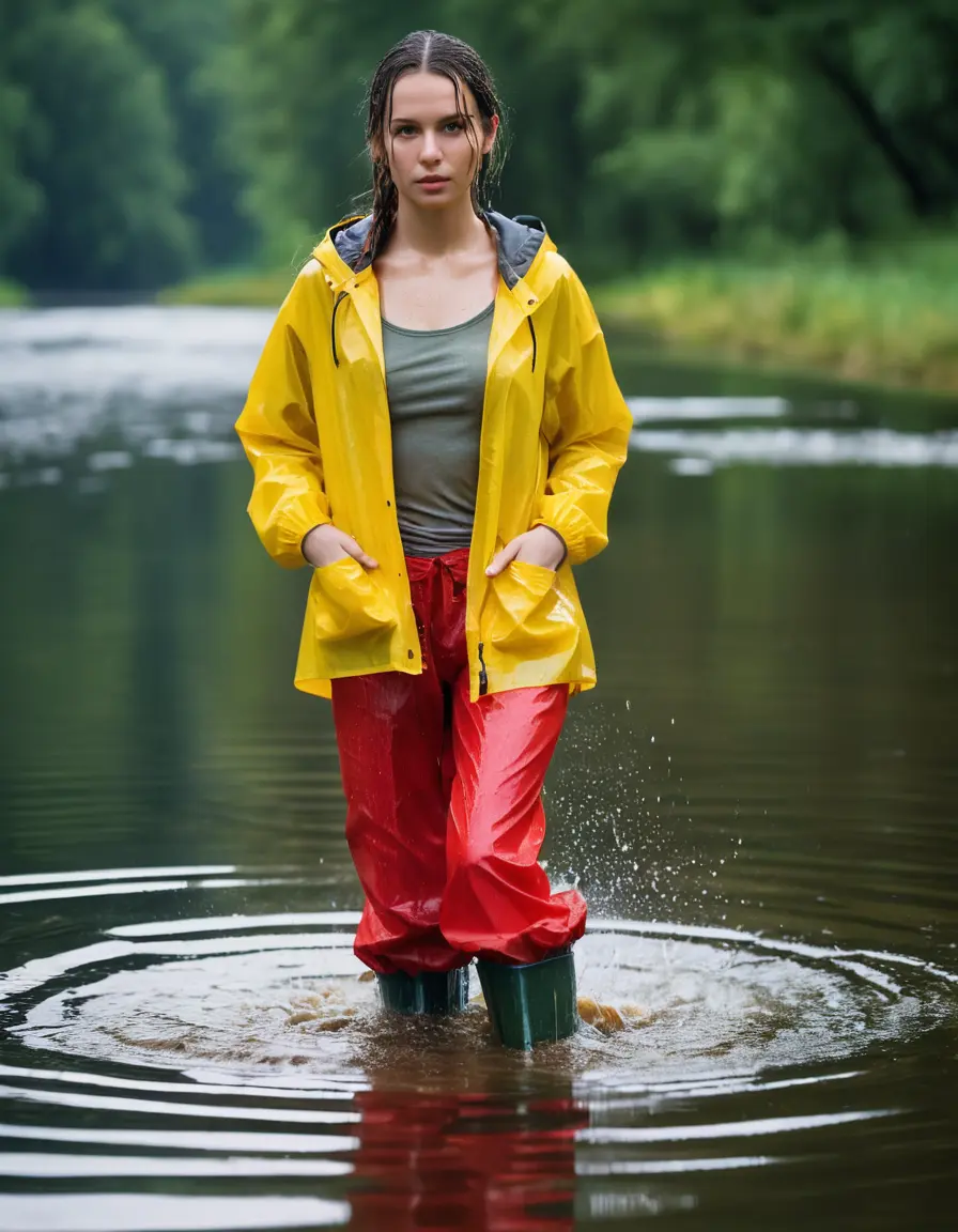 photo of young woman, in soaking wet, drenched clothes,
yellow wellies, long red shiny nylon rainpants, yellow thin nylon top sideboobs, wading in the lake, 
enjoying, wet clothes stuck to body,
detailed textures of the wet clothes, wet face, wet plastered hair,
wet, drenched, professional, high-quality details, full body view.
sharp focus, ultra-high pixel detail, realistic, high-quality, full colors, incredibly detailed, 4k, 8k, 16k, hyper-realistic, RAW photo, masterpiece, ultra-detailed, professionally color graded, professional photograph