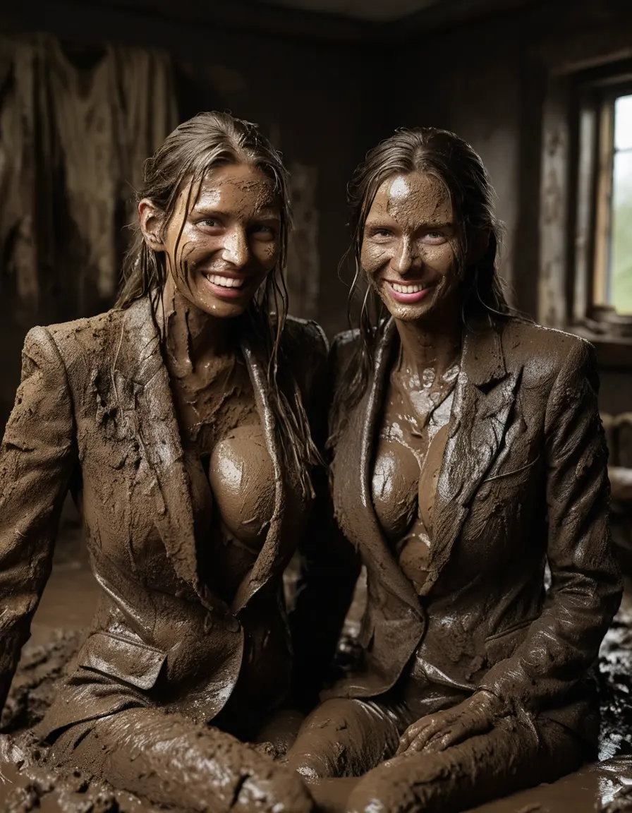 photo of young woman, in soaking wet, drenched clothes,
Muddy high heels, Long very muddy suit pants, Full muddy ruined fully-opened blazer like a fancy uniform over topless with exposed super large heavy saggy muddy boobs., Muddy party in a dark muddy indoor bedroom. Mud splashed walls with mud-flooded floor. Dark mood lighting with pink and blue neon lights. Muddy furnitures and mud-covered bed.., 
enjoying, wet clothes stuck to body,
detailed textures of the wet clothes, wet face, wet plastered hair,
wet, drenched, professional, high-quality details, full body view.
sharp focus, ultra-high pixel detail, realistic, high-quality, full colors, incredibly detailed, 4k, 8k, 16k, hyper-realistic, RAW photo, masterpiece, ultra-detailed, professionally color graded, professional photograph, Two elegant fifty years old classy skinny fit seductive sexy business mature ladies are laying together on the top of the muddy double bed. They are wearing their fully and heavily mud-covered opened suits and they are exposing their amazingly huge muddy boobs. Thick mud on their blazers and deep open cleavages. Every small details of the old women are muddy. Their blazer has the same colour as their muddy pants. They are proudly wearing their expensive open blazers and flaunting their huge muddy boobs and large muddy cleavages. Focus on the muddy boobs and cleavages. The classy elegant room is totally destroyed by mud, deep liquid mud on the bed, on the floor, mud spots everywhere, mud flows down on the walls, muddy pillows, muddy bedsheets. Straight very long open wavy hairstyle, muddy hair, smiling and beautiful clean faces, blue eyes, earrings, lipstick. The women enjoying to being total muddy on the bed, being sexy, naughty while they are enjoying the muddy fetish party. Realistic huge saggy muddy boobs and nipples and photorealistic detailed smiling facial expressions. Intimate close-up picture about the women. Close-up photo, highly realistic representation, ultra sharp focus, highly photorealistic detailed textures, highly photorealistic detailed facial features and expressions, highly photorealistic hands, highly emotional reactions, highly best quality, highly sharp photorealistic image, highly photorealistic details, full UHD resolution, 32 K, very high level of detail and image sharpness, zoomed in