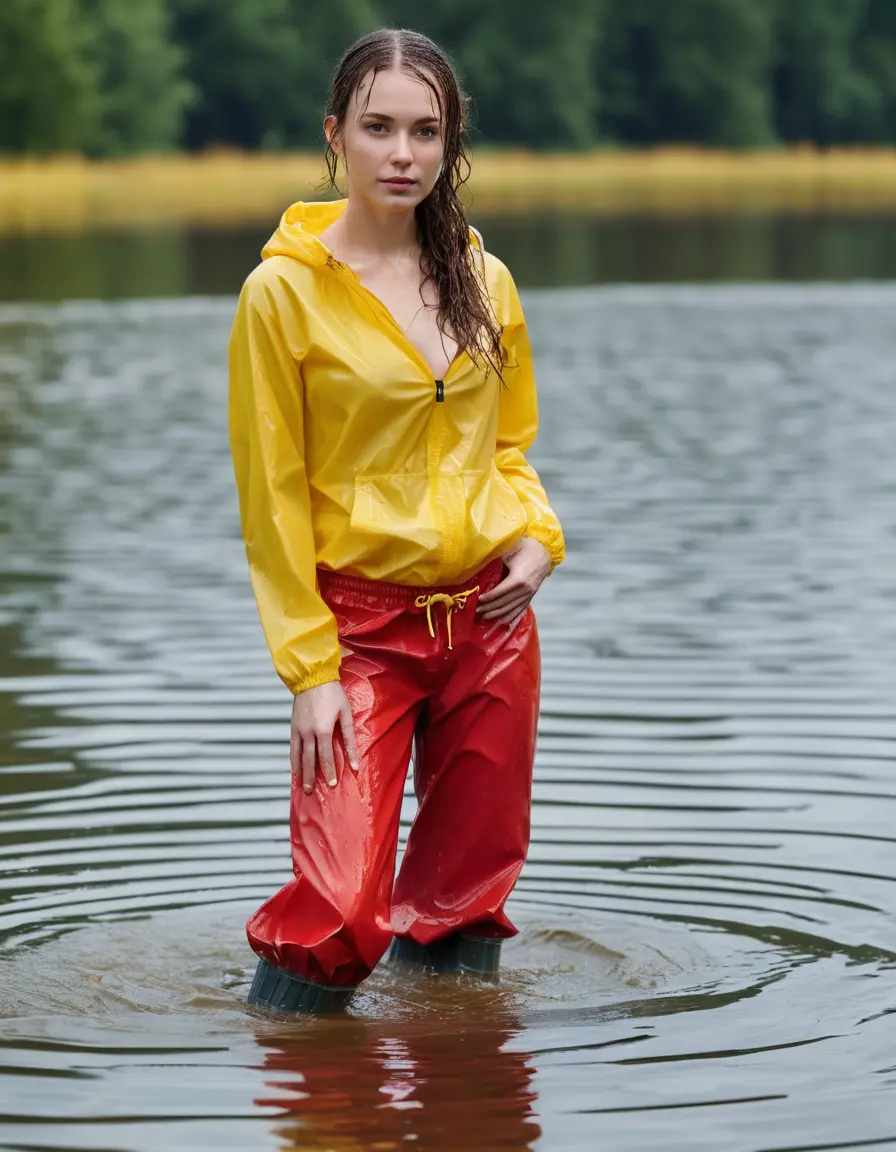photo of young woman, in soaking wet, drenched clothes,
yellow wellies, long red shiny nylon rainpants, yellow thin nylon top sideboobs, wading in the lake, 
enjoying, wet clothes stuck to body,
detailed textures of the wet clothes, wet face, wet plastered hair,
wet, drenched, professional, high-quality details, full body view.
sharp focus, ultra-high pixel detail, realistic, high-quality, full colors, incredibly detailed, 4k, 8k, 16k, hyper-realistic, RAW photo, masterpiece, ultra-detailed, professionally color graded, professional photograph