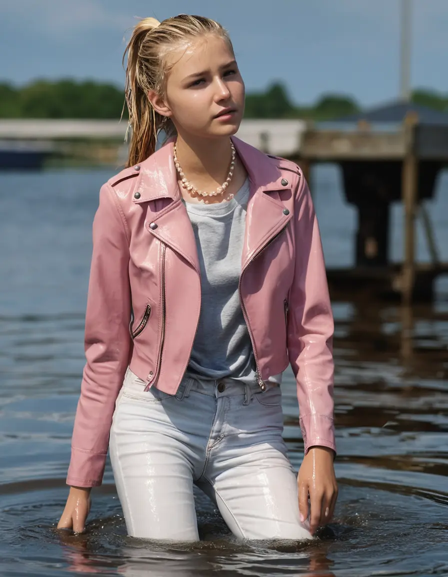photo of young woman, in soaking wet, drenched clothes,
ankle boots, super skin tight white denim jeans, slim fit light pink biker leatherjacket,  tight sexy tshirt with wide necklace, handbag, pearl necklace, Fifteen years horny blonde teenage girl with her Friends holds her hand over her mouth and nose wrings out her wet clothes deep submerged into water for a picture near a dock, 
enjoying, wet clothes stuck to body,
detailed textures of the wet clothes, wet face, wet plastered hair,
wet, drenched, professional, high-quality details, full body view.
sharp focus, ultra-high pixel detail, realistic, high-quality, full colors, incredibly detailed, 4k, 8k, 16k, hyper-realistic, RAW photo, masterpiece, ultra-detailed, professionally color graded, professional photograph, Fifteen years old, completely soaked, completely dripping wet from head to toe, very wet clothes, sleek ponytail, worried and embarrassed facial expression, slight yawn, moaning,  all girls wear different styles of clothes, she takes her handbag with her into the water, a lot of people stands in the background, close-up, view from above, highly realistic representation, ultra sharp focus, highly photorealistic detailed facial features and expressions, highly photorealistic hands, highly best quality, highly sharp photorealistic image, highly photorealistic details, highest photorealistic wet clothes, full UHD resolution, highest photorealistic sharpness of the image, 32 K